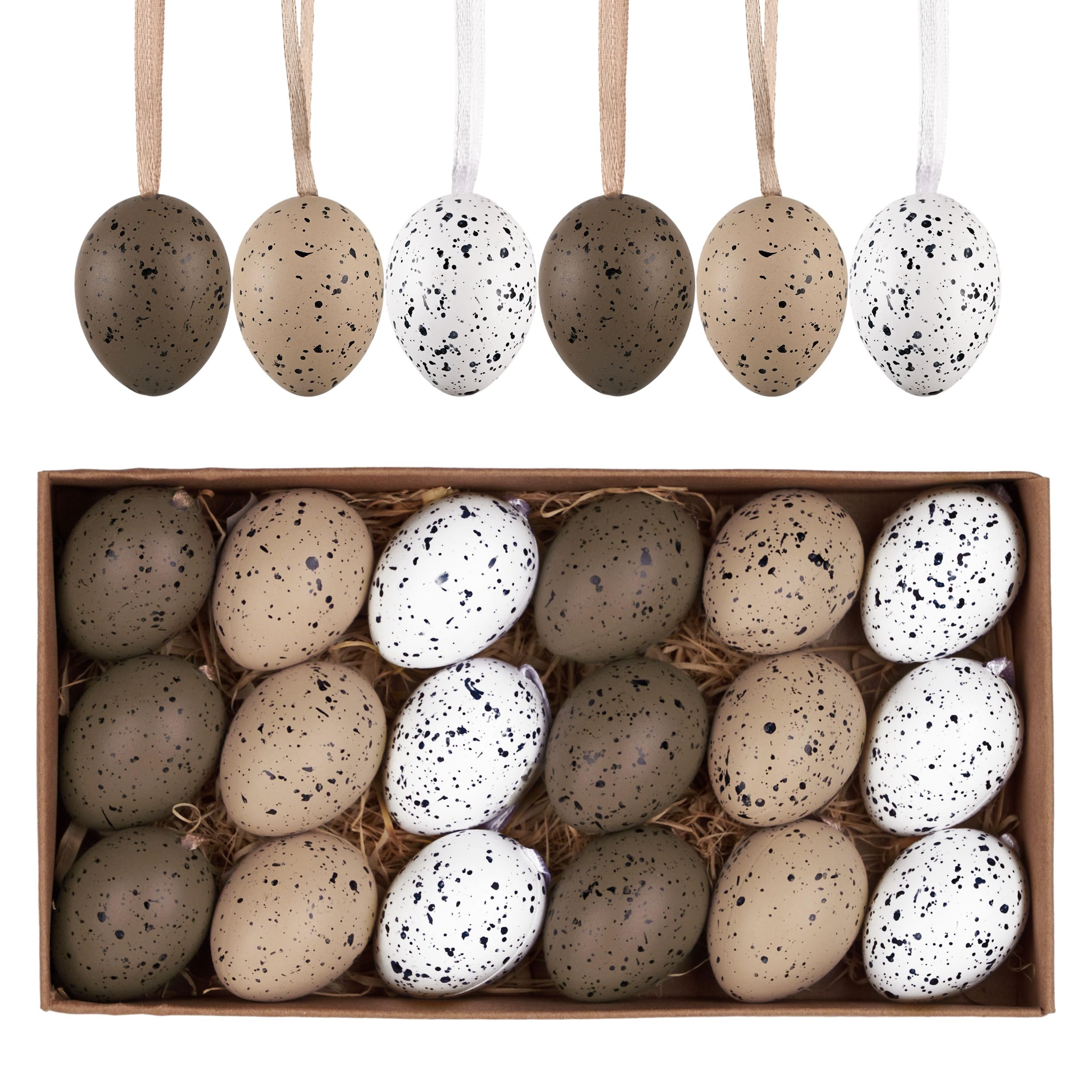 Valery Madelyn Easter Eggs Decoration Tree Ornaments Set, 18CT 1.57inch Shatterproof Nuture Hanging Egg Bulk for Kids, Beige White Easter Basket Stuffers Assorted for Spring Holiday Party Decor
