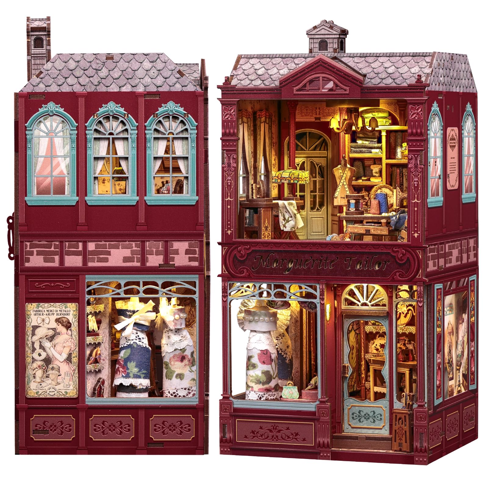 CUTEBEE Europejski sklep krawiecki w stylu retro, drewniany kącik na książki, zestaw do samodzielnego wykonania, miniaturowy dom, puzzle, model 3D, zestaw do budowania dla dorosłych, rękodzieło