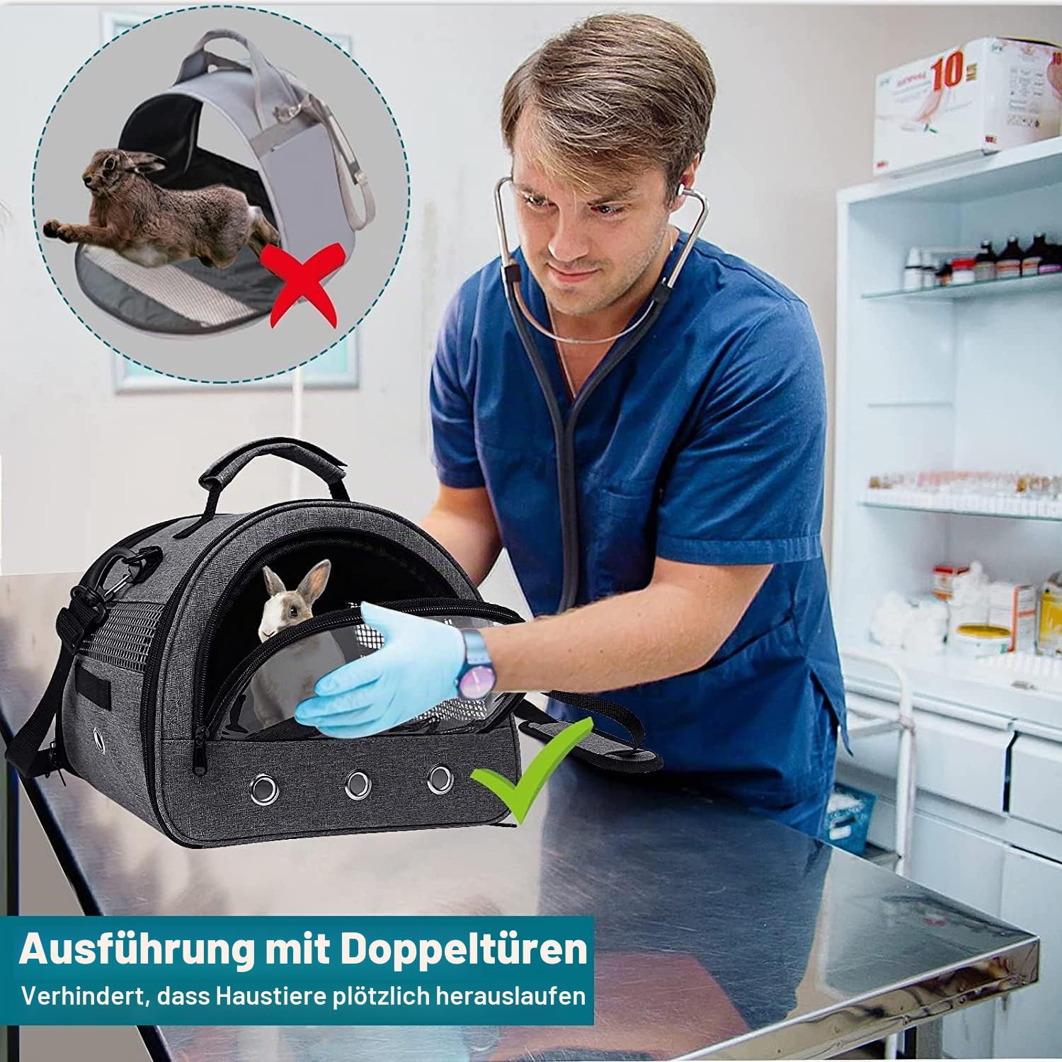 Faltbare Kleintier-Tragetasche mit Wasserflaschenhalter, Doppeltüren Design, Atmungsaktiv & Ausbruchsicher, Transporttasche für Meerschweinchen, Kaninchen, Hamster, Grau