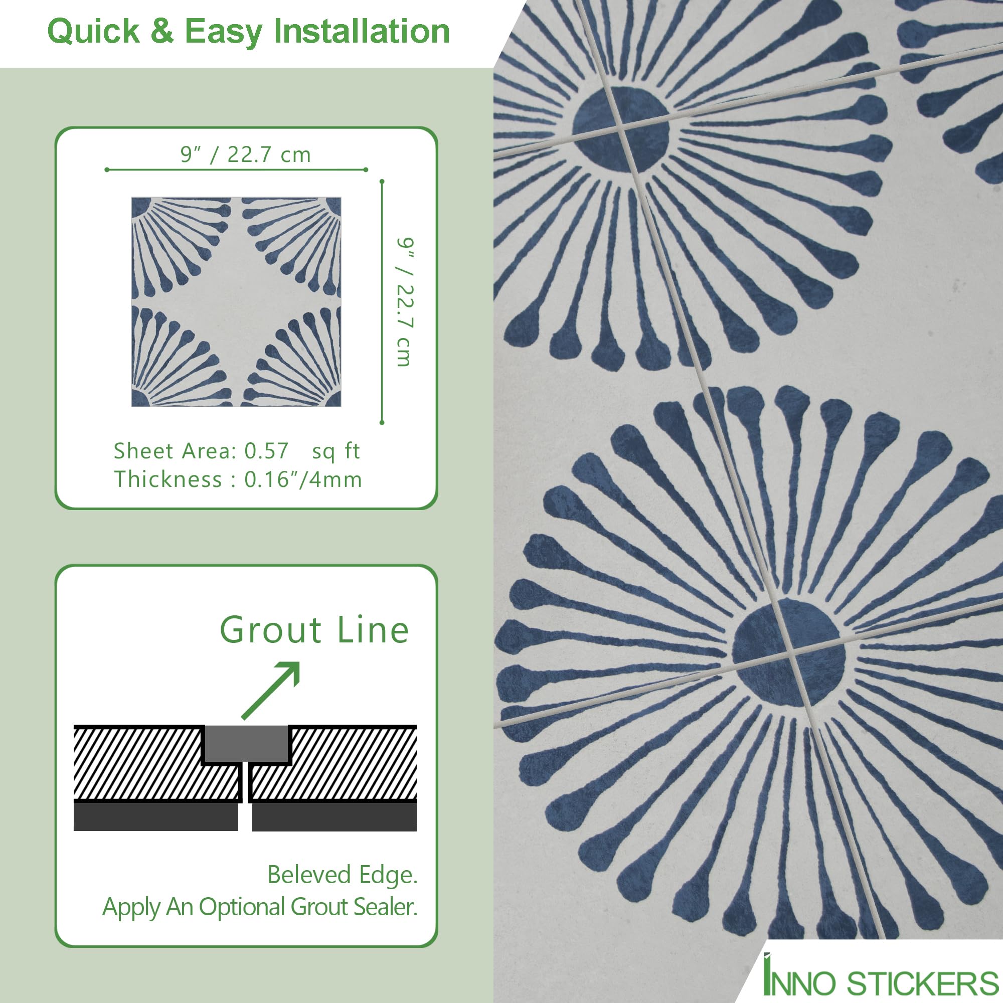 Azulejos de suelo y pared para baño y cocina, vinilo SPC, autoadhesivo, 9 x 9 pulgadas, diseño de girasol azul, 16 azulejos, 9.12 pies cuadrados