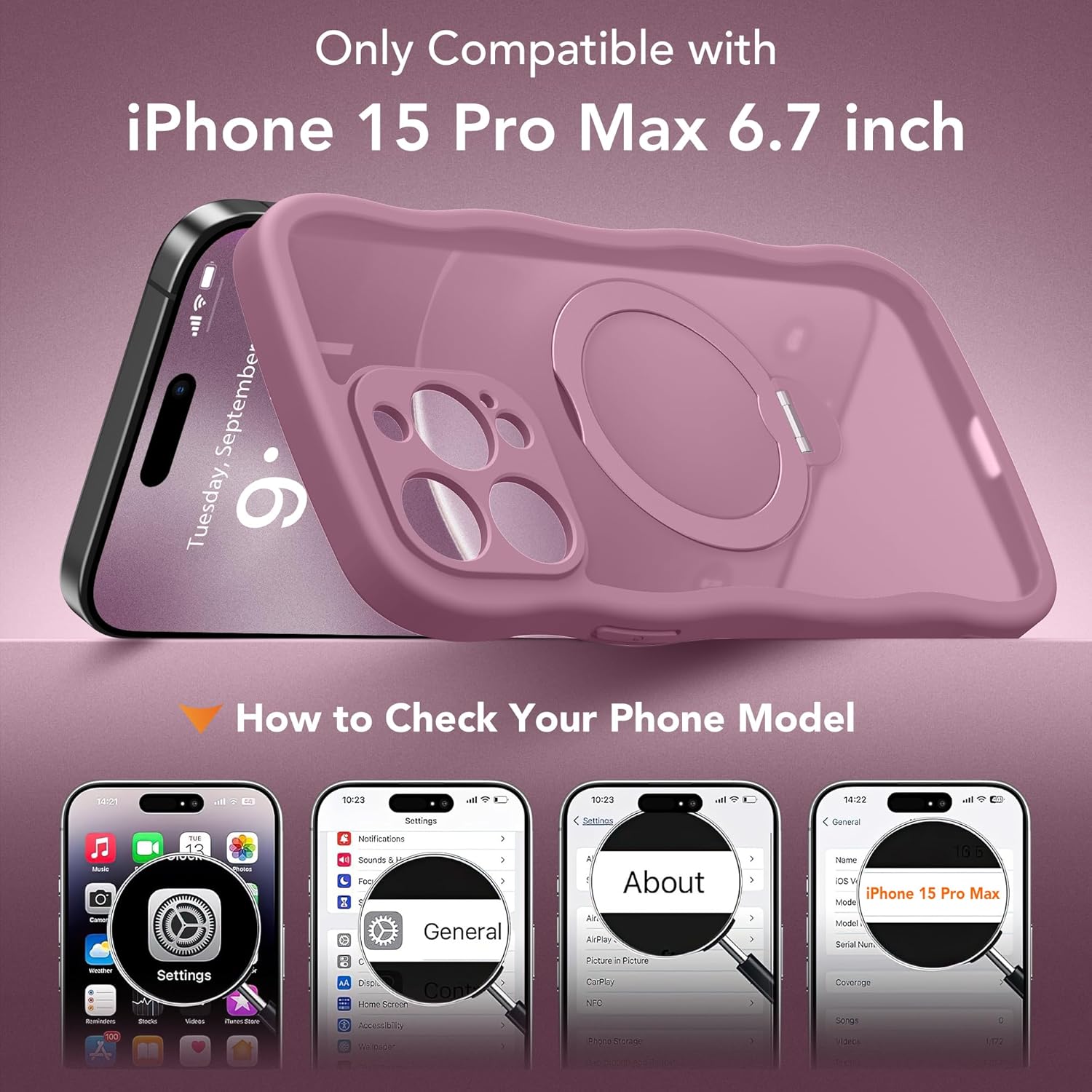 for iPhone 15 Pro Max Case,[Compatible with Magsafe][360°Magnetic Stand][Cute Wave Edge][18ft Military-Grade Protection]Translucent Matte Women Phone Cover for iPhone 15 Promax, Blackcurrant - Image 2