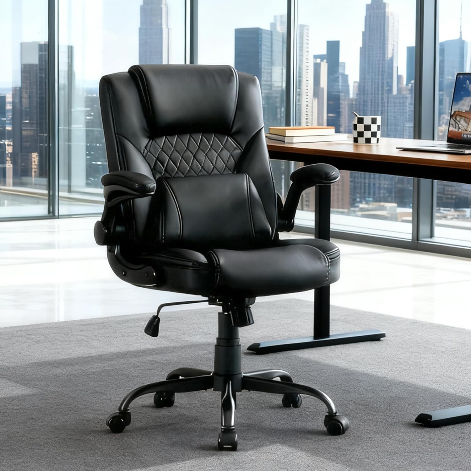 Home Leather Office Chair with Lumbar Support, 5" Padded Seat, Small PU Leather Rocking Desk Chair, Comfy Computer Chairs with Rolling Wheels & Adjustable Arms for Adults, Black