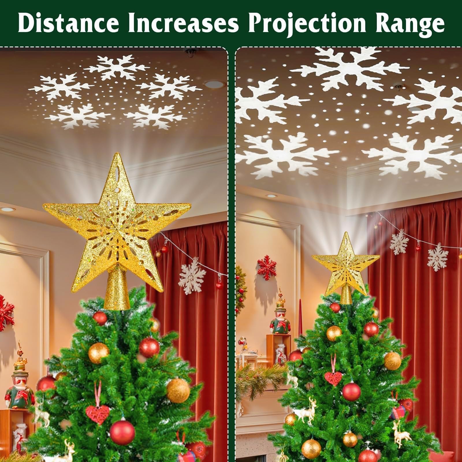 CAUTIOUS Étoile Sapin de Noel, Or Étoile pour Sapin de Noël 6 Modes de Projection avec Projecteur Dynamique LED Rotatif Intégré, pour Decoration Arbre Topper Interieur