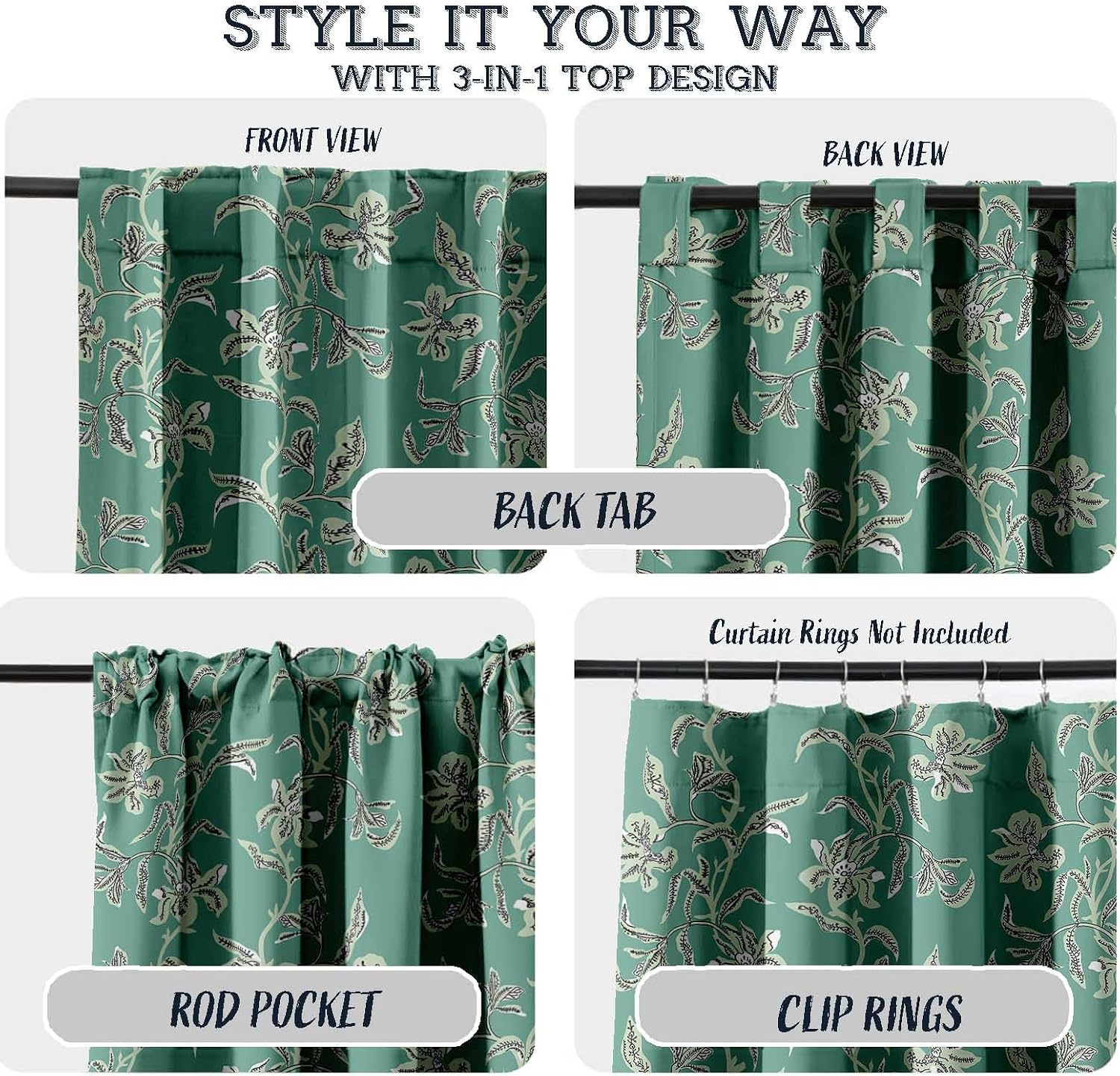 Cotton Curtains for Windows - 3-in-1 Rod Pocket/Back Tab Short Window Drapes - Light Filtering Cotton Canvas Panels - Set of 2, 52"x63" - Leaves Print (Green)