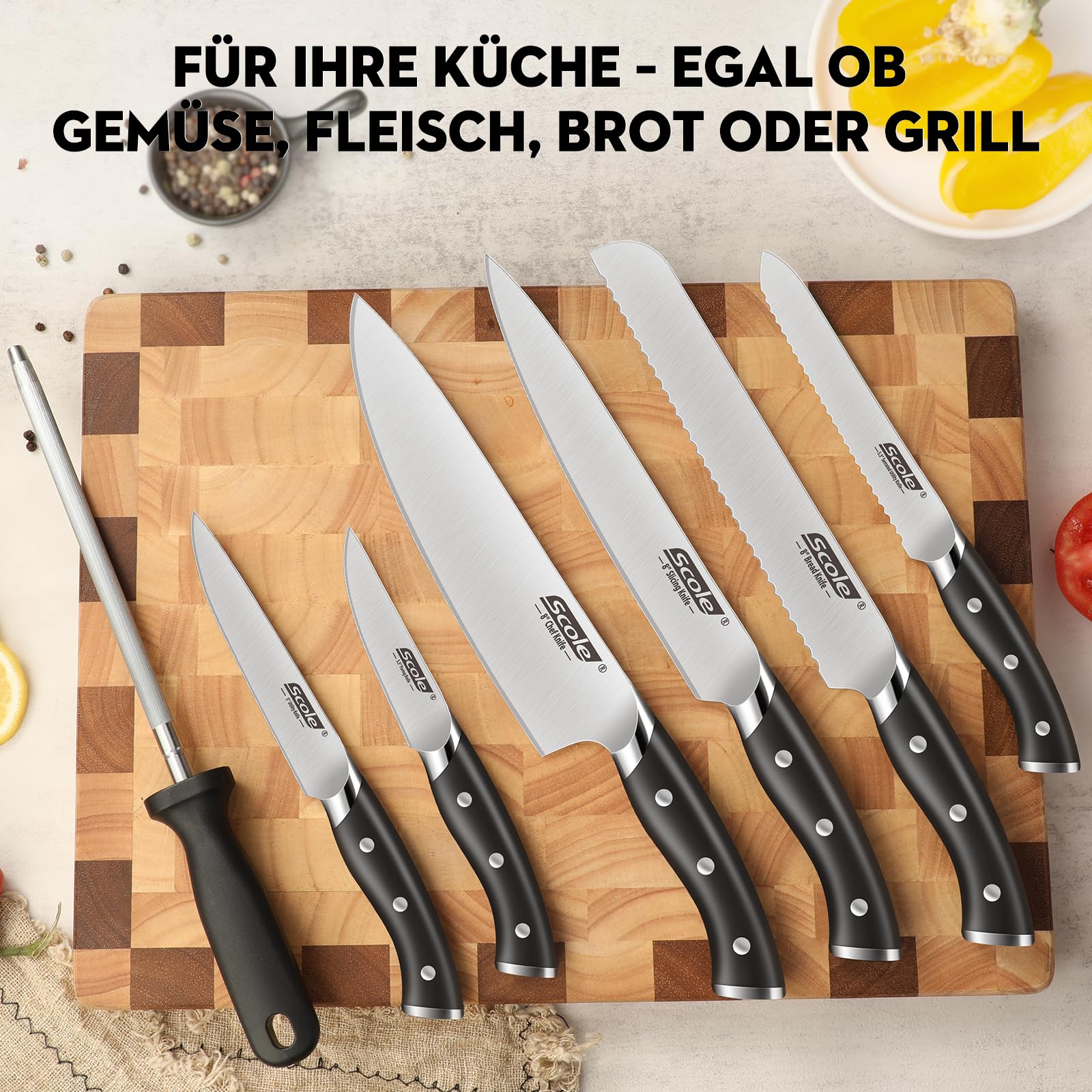 SCOLE® Messerset, Rasierscharf Küchenmesser Set 7-teilig mit Wetzstab, Messer Set, Profi Kochmesser Set Geschenkbox