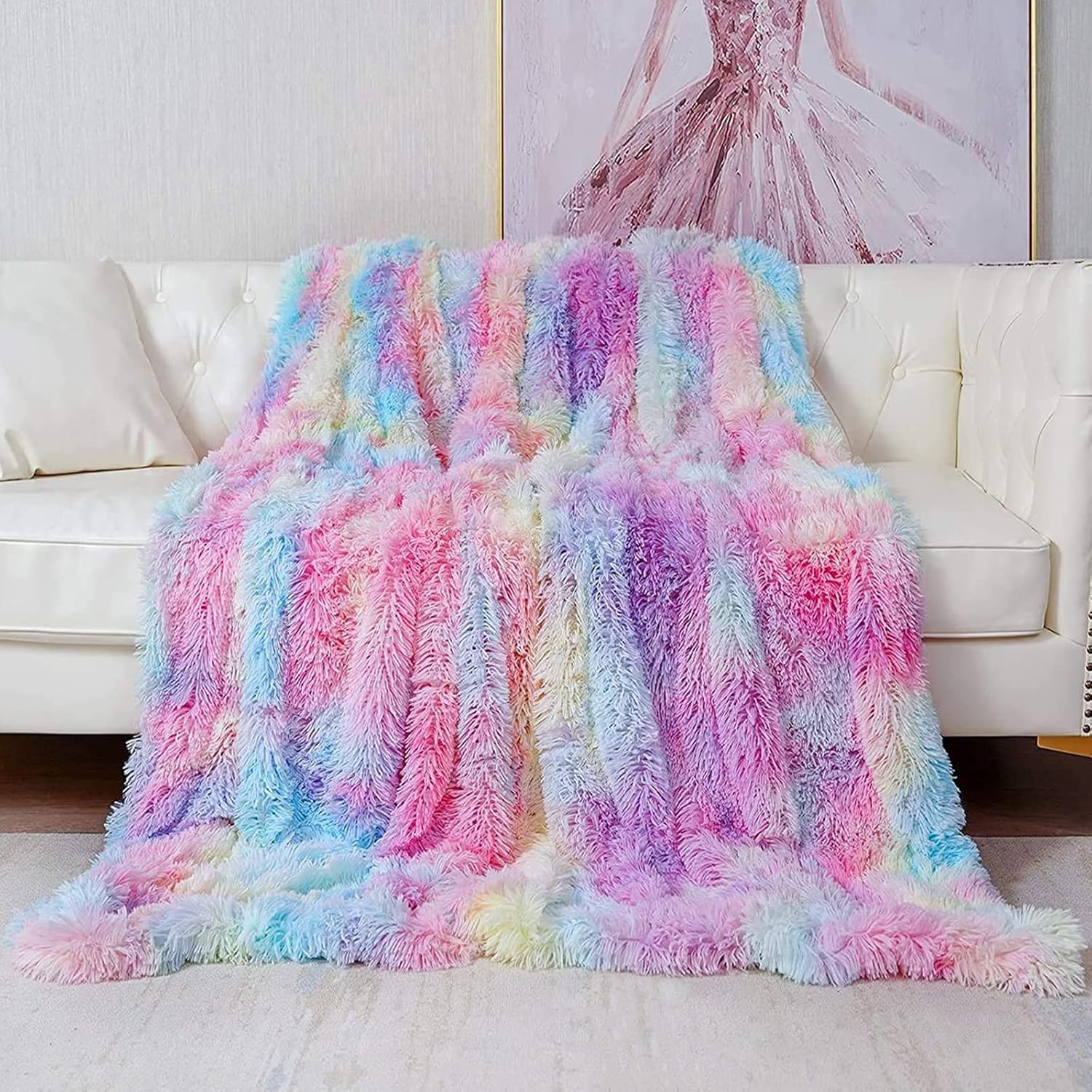 Blanket, Super Soft Longhair Fluffy Fleece Rainbow Blanket, Shaggy Warm PV and Flannel Double