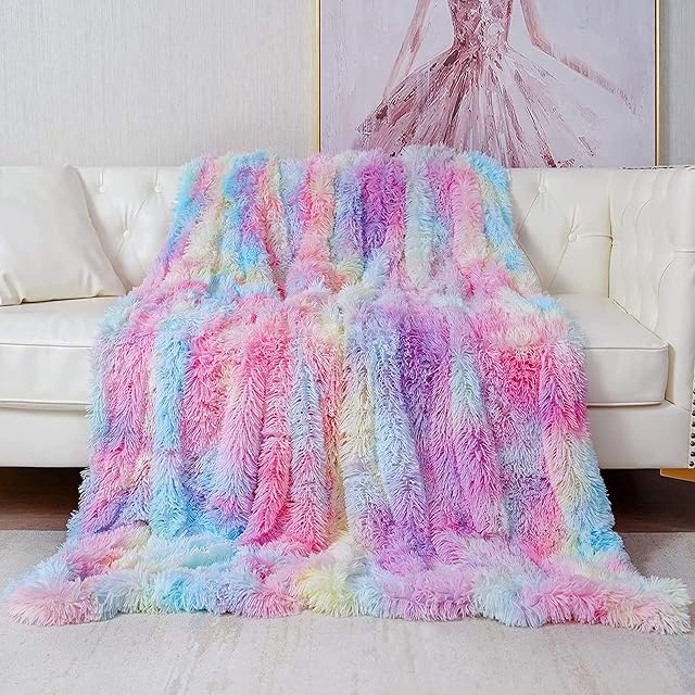 KANKAEU Blanket, Rainbow Blanket, Fluffy Blanket 200x220cm, Ultra Warm Blanket, Cozy Breathable Bed Throw, Living Blanket, Wool Faux Fur Blanket, Sofa Blanket, Wool Blanket, Bedspread