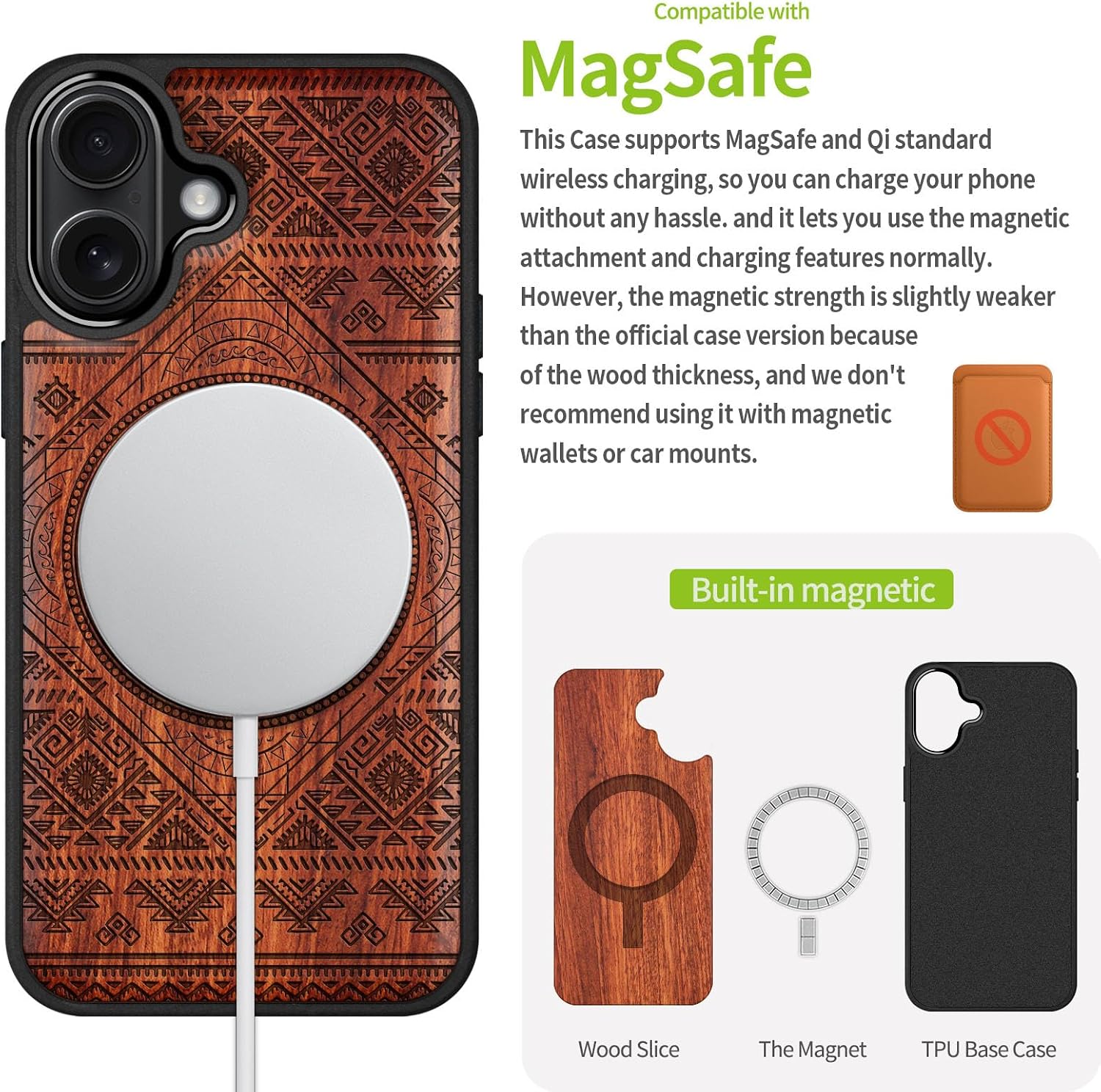 Carveit Magnetic Wooden Case for iPhone 16 Case, Wood Artisan Engraved & Black Soft TPU Shockproof Cover, Compatible with MagSafe Wireless Chargers (Yin Yang Sun and Moon) Rosy