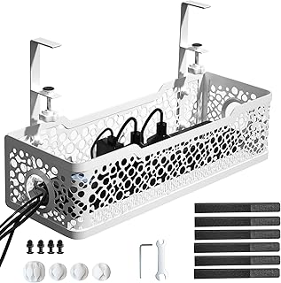 Under Desk Cable Management Tray No Drill, Cinati Upgraded Clamp Cable Management Box, Computer Cord Organizer for Desk, Desk Wire Management for Office, Home -No Damage to Desk (White)
