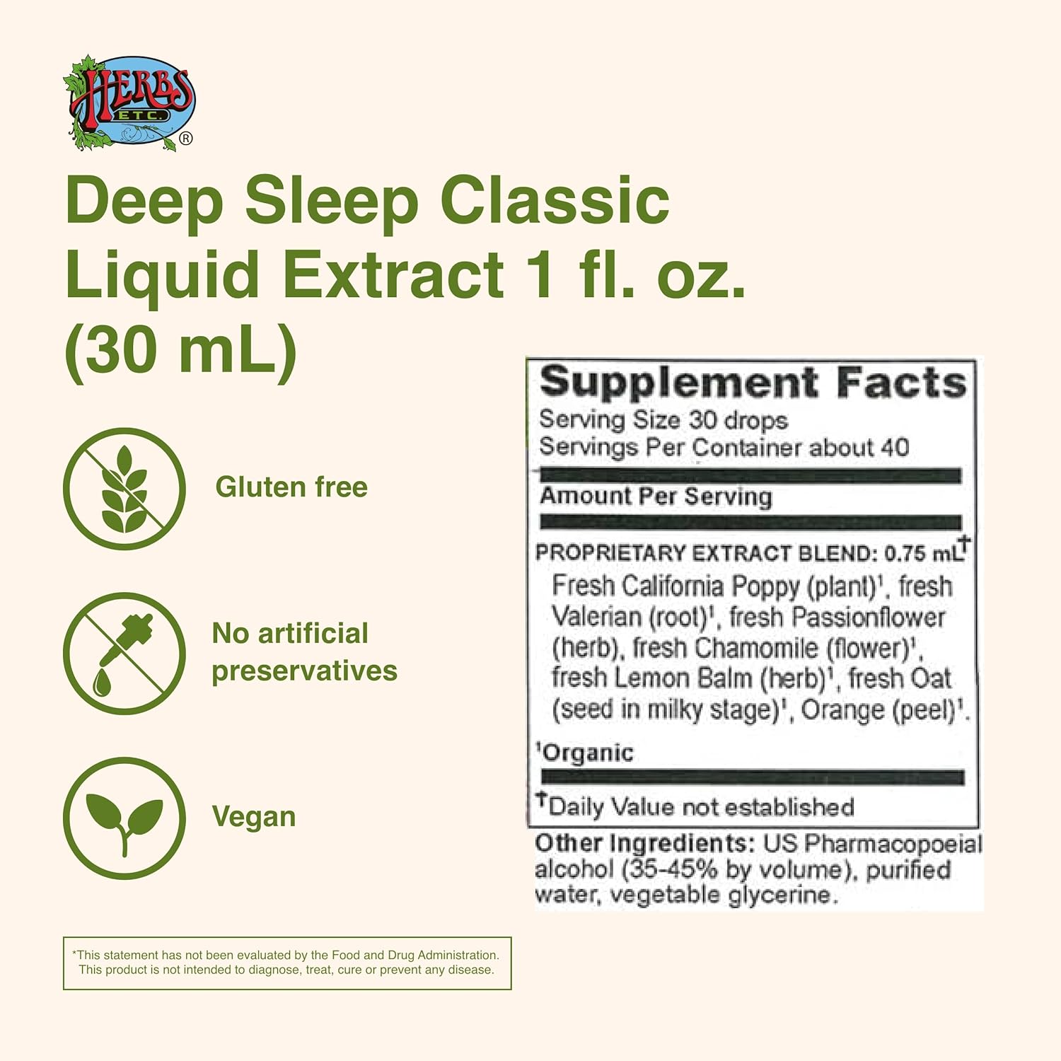 Herbs Etc. - Deep Sleep - Natural Herbal Supplement - Non-Habit Forming - 1 oz Liquid Extract (Contains Fresh Extracts of California Poppy, Valerian, Passionflower, Chamomile, Lemon Balm)