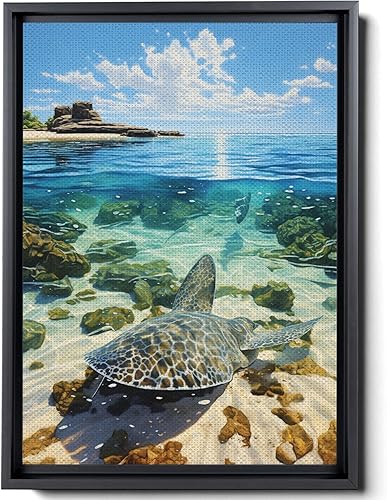 Nautical Print on Canvas for Wall Decor, Ocean Fish Manta Ray Canvas Wall Art, Beach Print for Wall Hang, Turquoise Coastal Pictures Wall Decor,