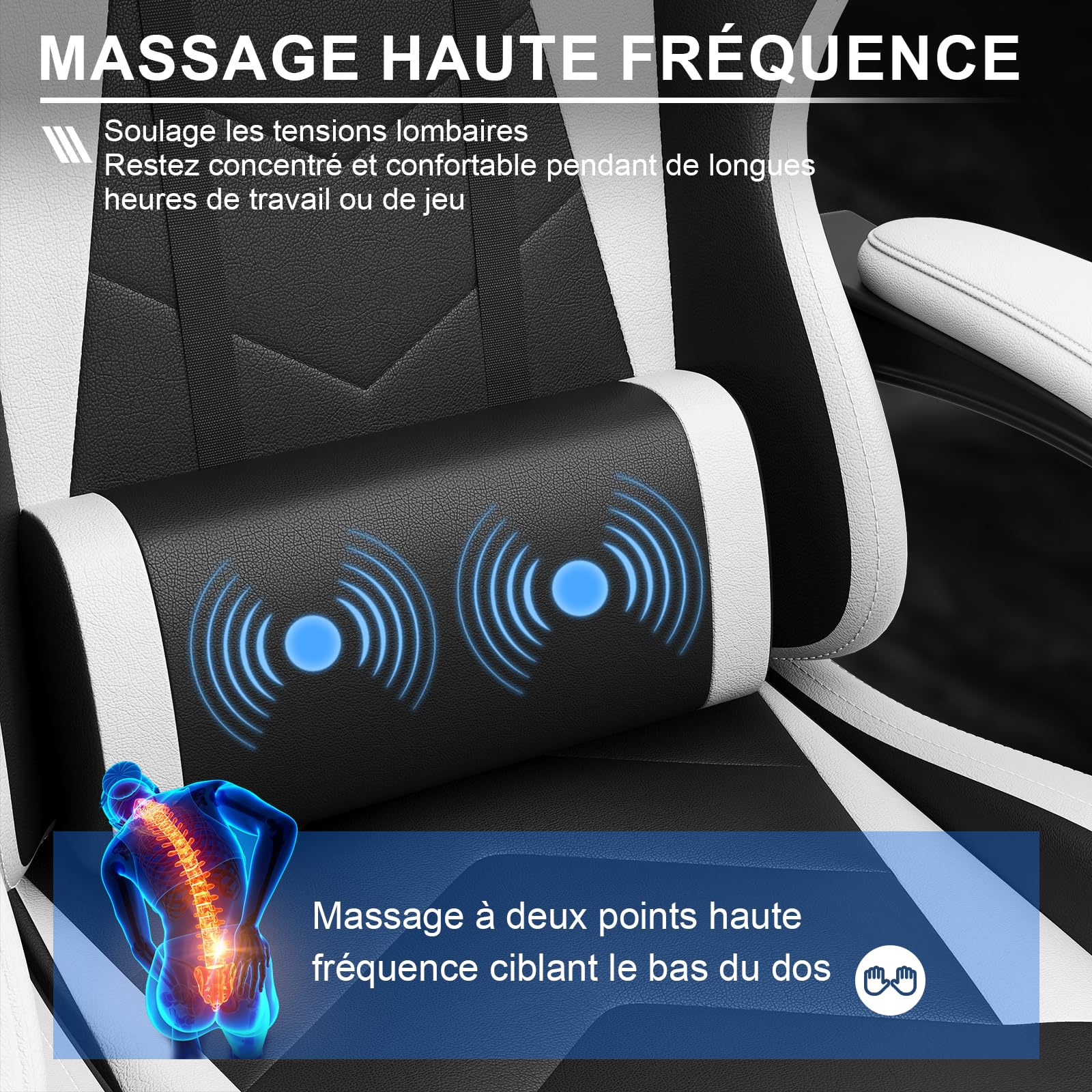 Devoko Chaise Gaming Ergonomique avec Massage Lombaire, Siège Gamer Inclinable 135°, Repose-Pieds, Appui-Tête Réglable, Fauteuil Gaming Adulte en Similicuir, Chaise Bureau Gaming Confortable, Blanc