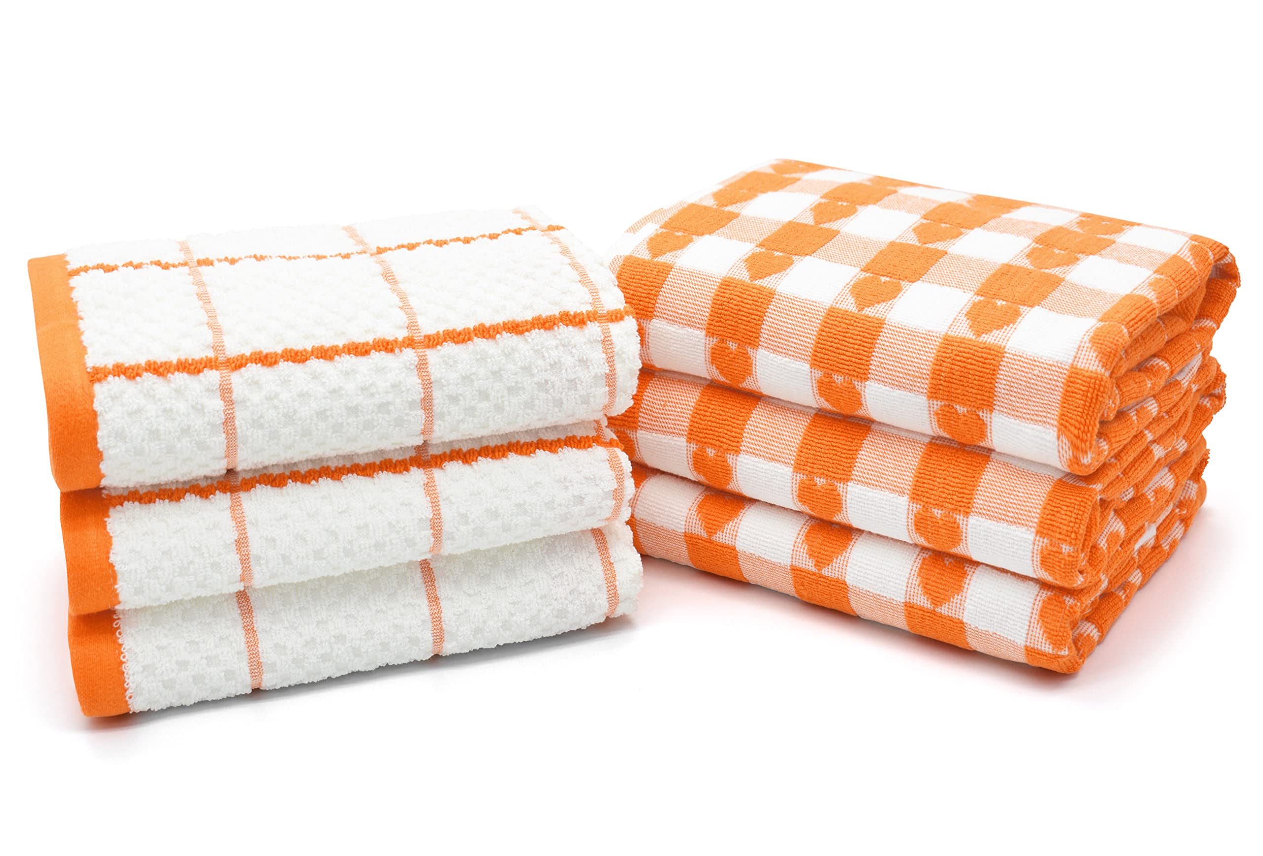 Velosso 6 Pack Jumbo Large Checkered Hearts Chunky Kitchen Towels Set 100% Supreme Ring Spun Cotton Super Soft and Absorbent Dish Towels, Tea Towels (Orange)