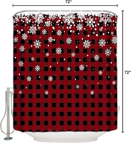 Miniatura 9 de Cortina de ducha de Navidad para baño, diseño de copos de nieve blanco sobre cuadros negros y rojos, juego de cortina de ducha impermeable con 12