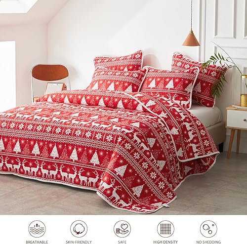 Miniatura 4 de Joyreap Juego de edredón de Navidad de 3 piezas, tamaño Queen, patrón de árbol de copo de nieve de reno rojo y blanco, funda de cama de microfibra