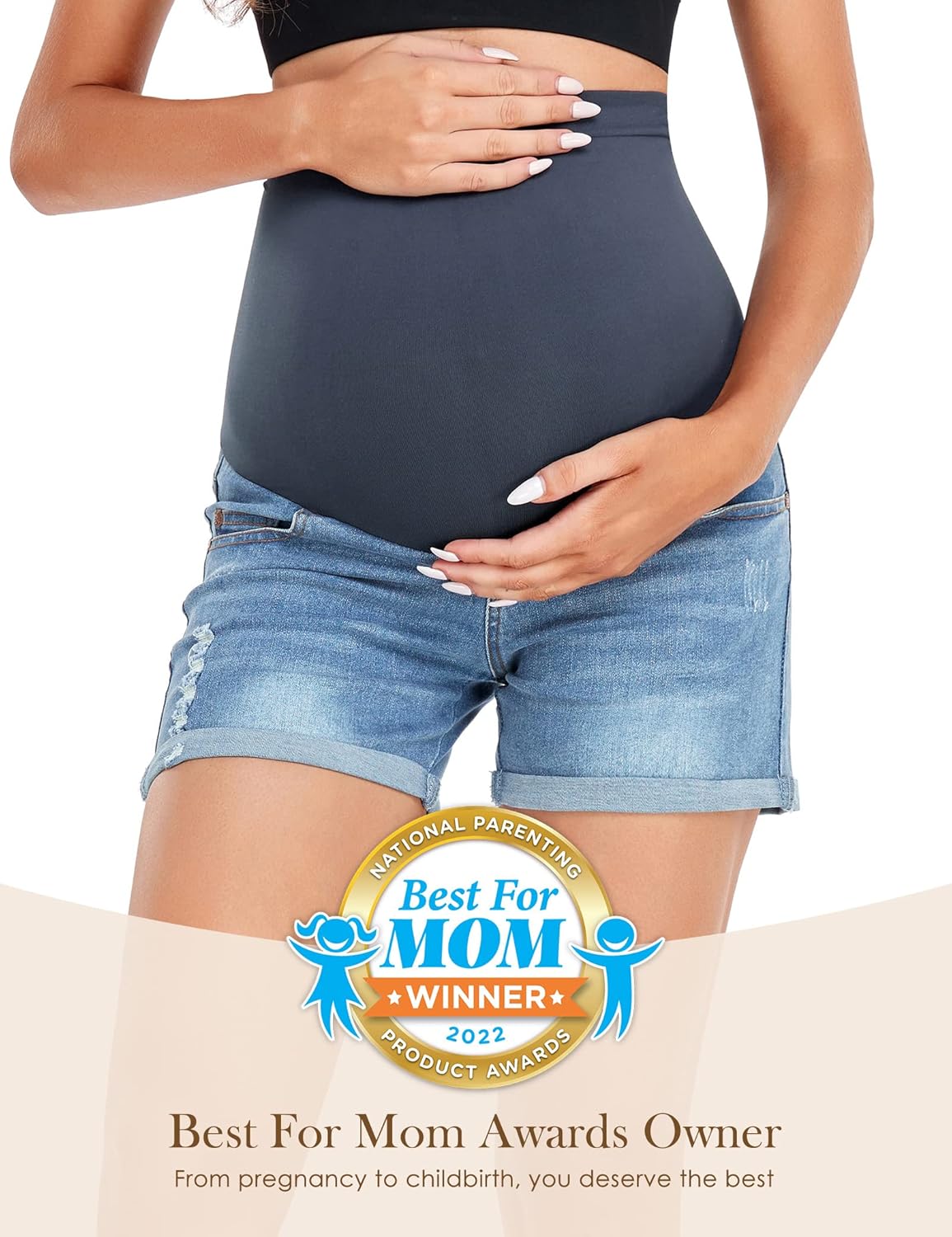 HOFISH Womens Maternity Jeans Shorts Over The Belly Stretchy Comfy Denim Pants Casual Workout Pregnancy Shorts - Image 4