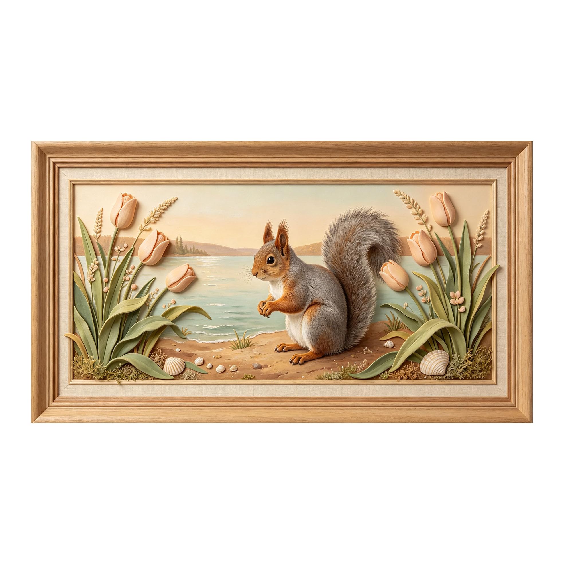 Murasolite 3D 3D Framed Wall Art 50cm×90cm Coastal Squirrel Landscape Floral Oil Painting SelfAdhesive Fabric Mural Wall Decor, Peel and Stick No Damage to Wall for Bedroom Living Room