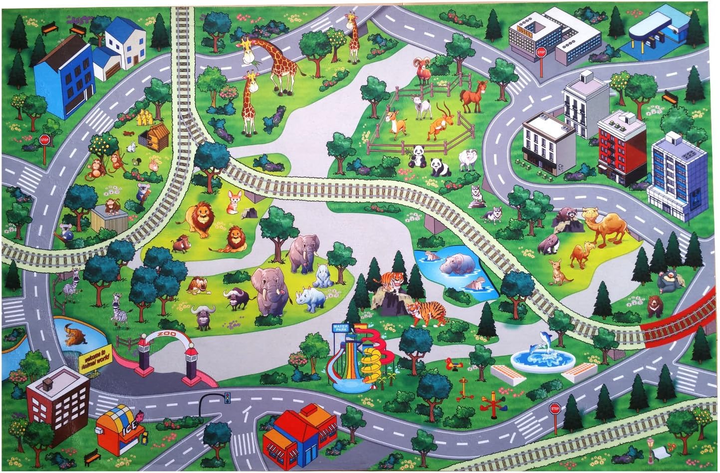 Silli Me Animal World Zoo Play Mat with Roads and Train Tracks