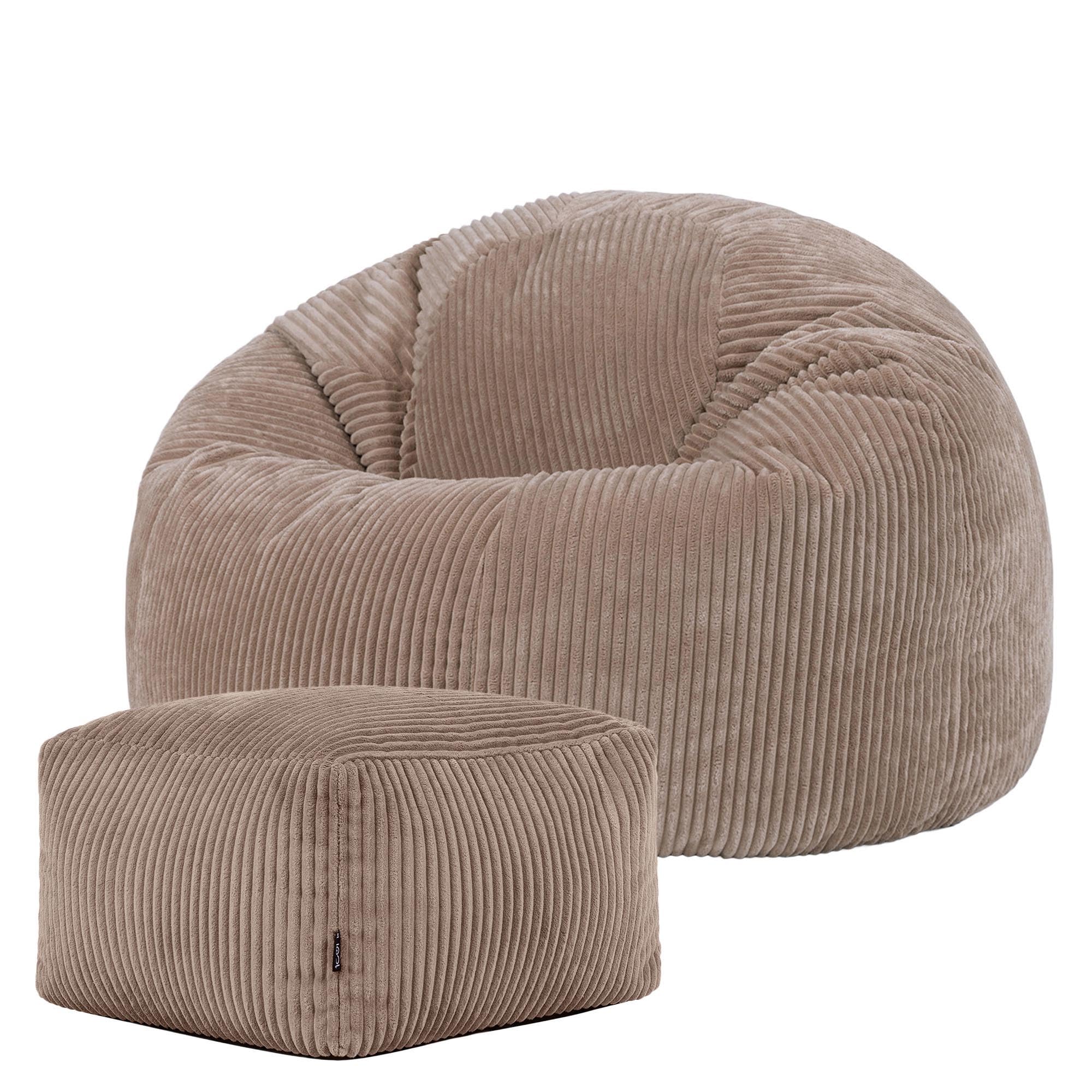 icon Kingston Cord Bean Bag with Footstool, Mocha Brown, Large Adult Bean Bag Chair with Filling Included, Comfy Chair, Pouffe Footstool, Living Room Furniture, Bedroom Furniture