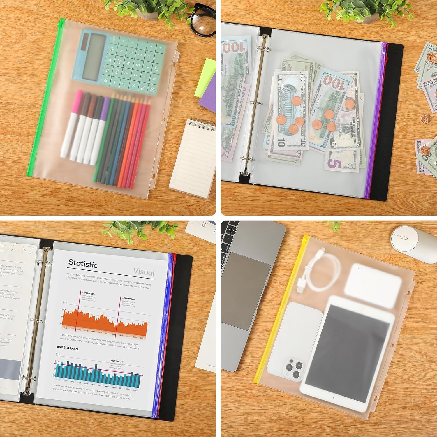 KTRIO Binder Pockets Letter Size 24 Pack 3 Ring Binder Zipper Pouches, Loose Leaf File Folders Zipper Document Organizer, Clear PVC Filing Bags for Business, Office, School (Multicolored Zipper)