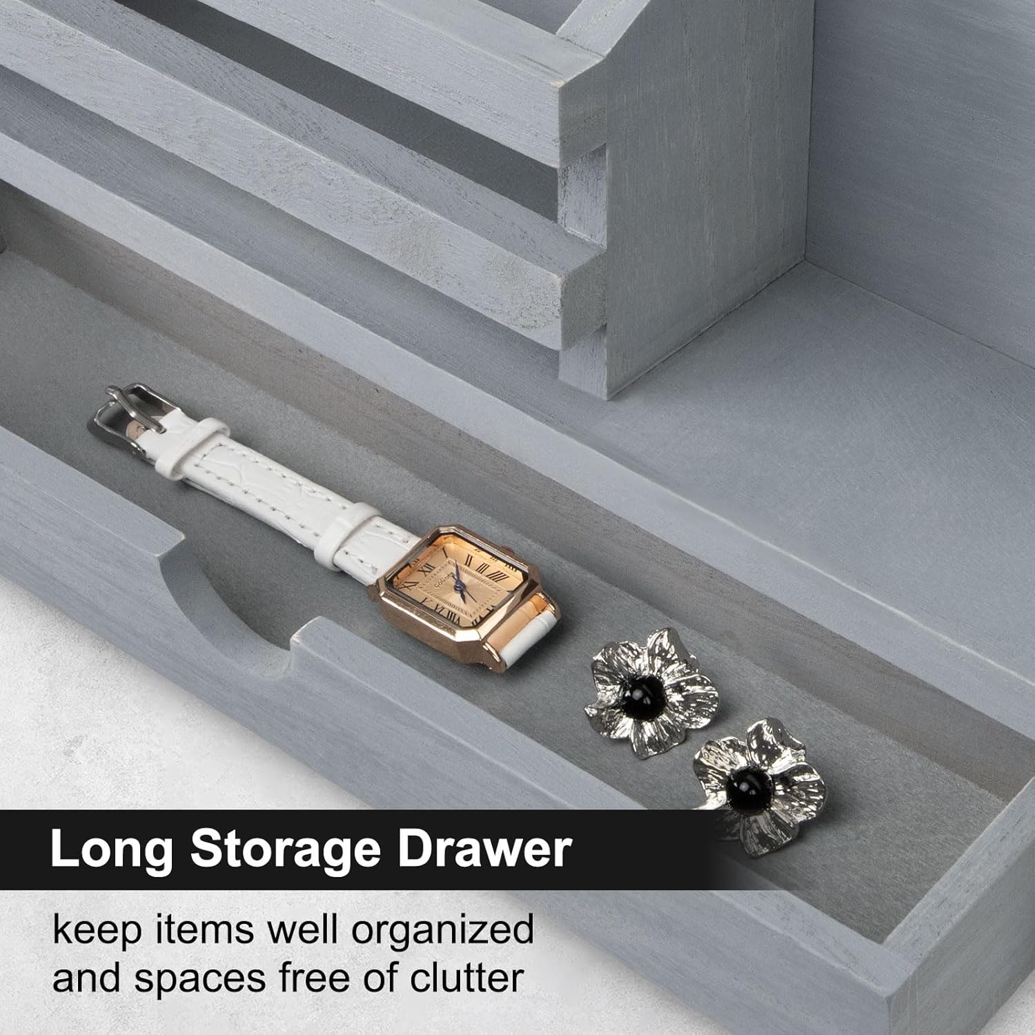 Key Holder Wall Mount, Mail Holder with Storage Drawer and 5 Key Hooks for Coat, Dog Leash, Home Decor Rack, House Accessories, Entry Way Organizer (Gray)