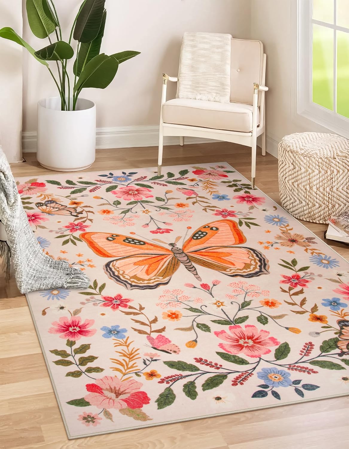 Beeiva Butterfly Girls Room Rug 3x5, Insect Washable Area Rug for Bedroom Dorm Non Slip Soft Floral Carpet for Kid Room, Boho Flower Carpet for Nursery Entryway Classroom Decor (Beige/Pink)