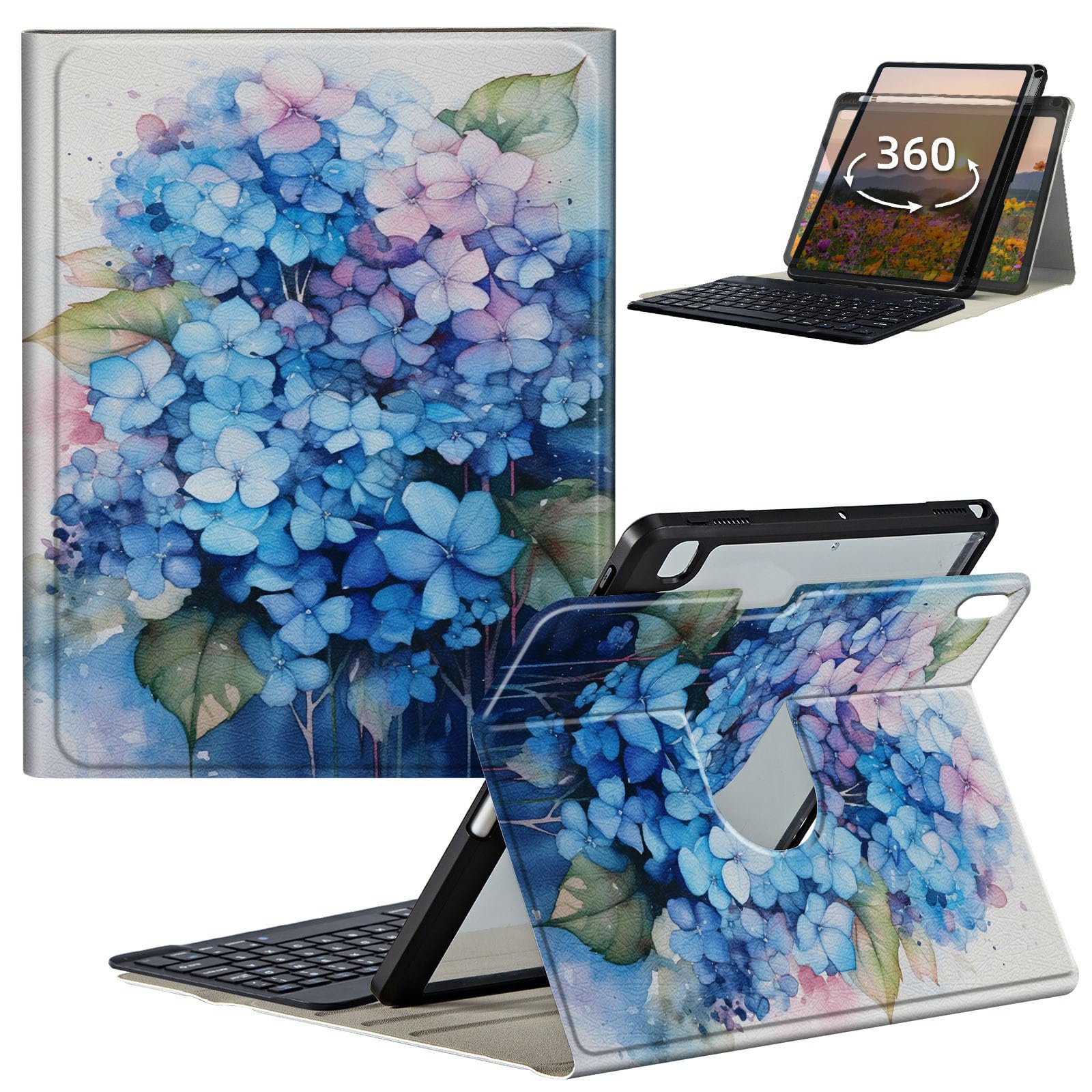 GFRGTFHYT Keyboard Case for iPad 10th Generation 10.9 Inch 2022 with 360 Degree Rotating Slim Stand Smart Shockproof Cover with Detachable Wireless Keyboard & Pencil Holder, Blue Hydrangea Flowers