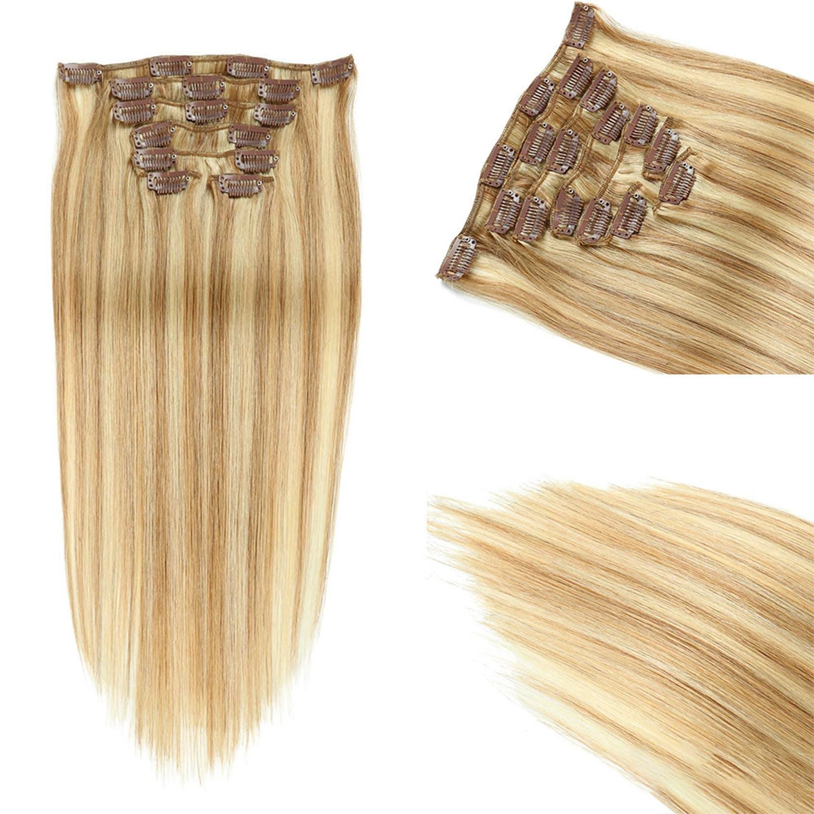 Clip in Haarverlängerungen für Frauen, gerade nahtlose Clip in Extensions Menschenhaar, 7 Stück Set echtes Menschenhaar #27/613,14inch (35cm) 70g