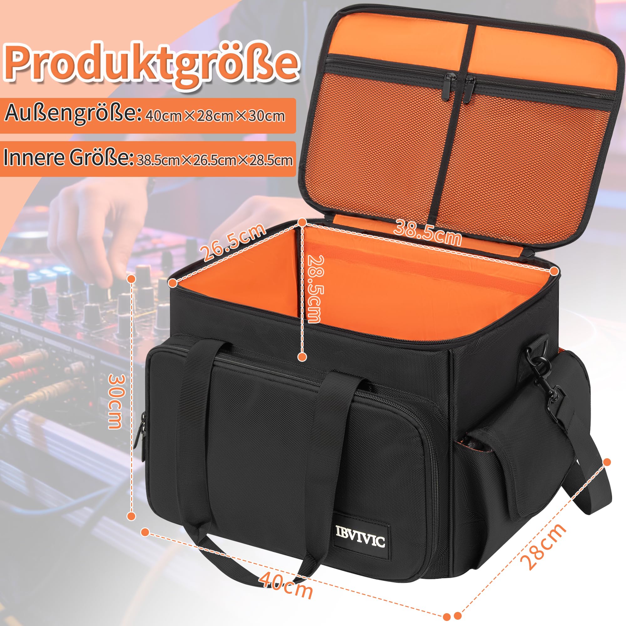 DJ Tasche, 1680D Nylon DJ Gigbag mit Abnehmbaren Trennwänden und Boden, DJ Kabel Organizer Tasche für Professionelle DJ Ausrüstung, Musikinstrumente und Zubehör, Orange (Mittlere)