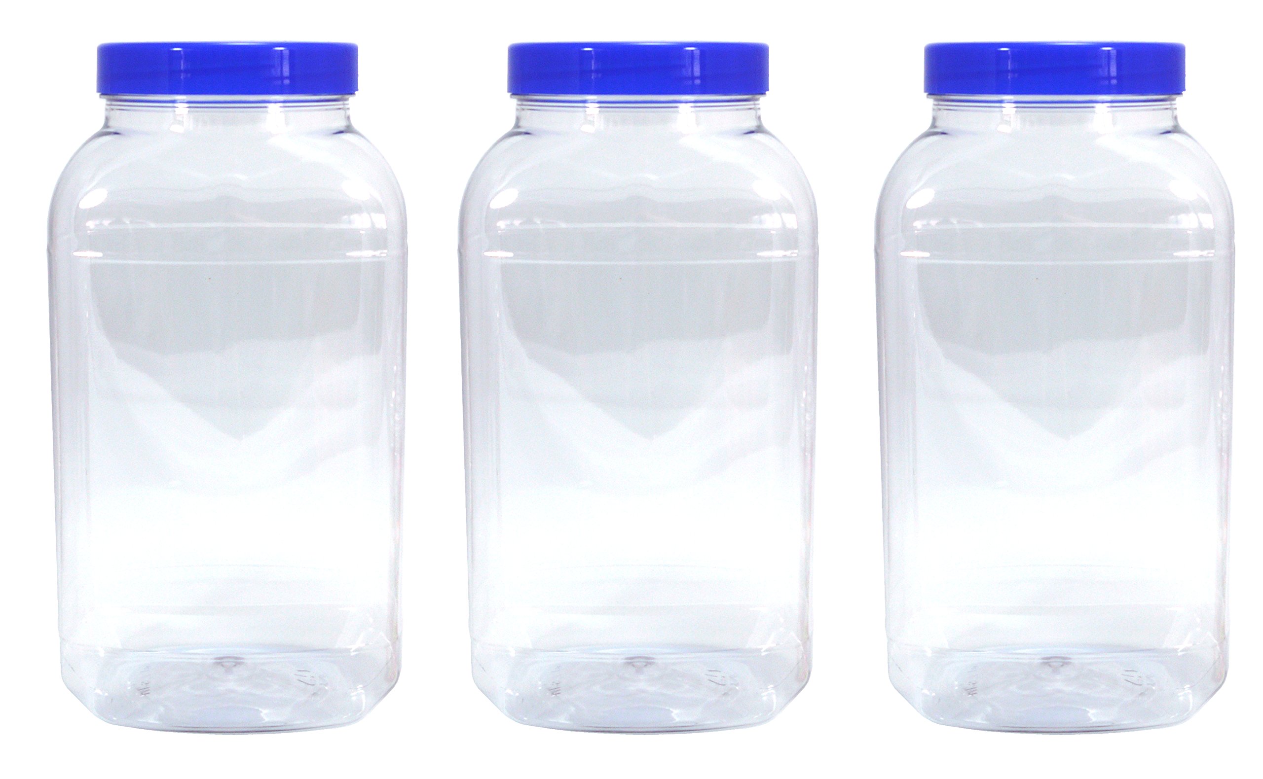 3 Large Storage Jars 4430ml with Blue Screw top lids by Britten & James. Clear Food Grade Plastic - Safe, hygienic and Attractive.