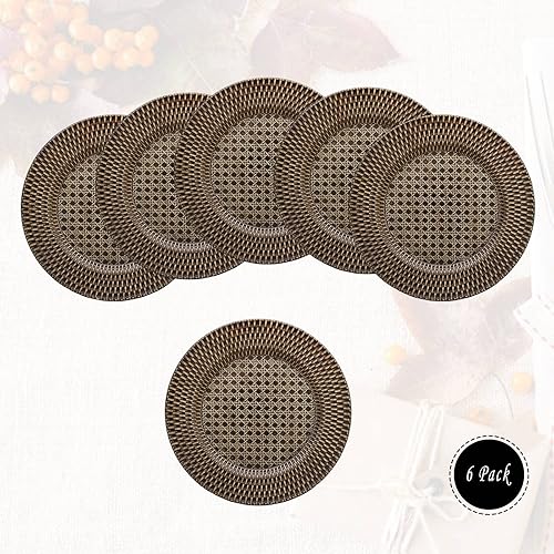 Miniatura 2 de Spsyrine Platos de carga rústicos de plástico de ratán sintético, juego de 6 elegantes cargadores de platos redondos para cenas, decorativos para