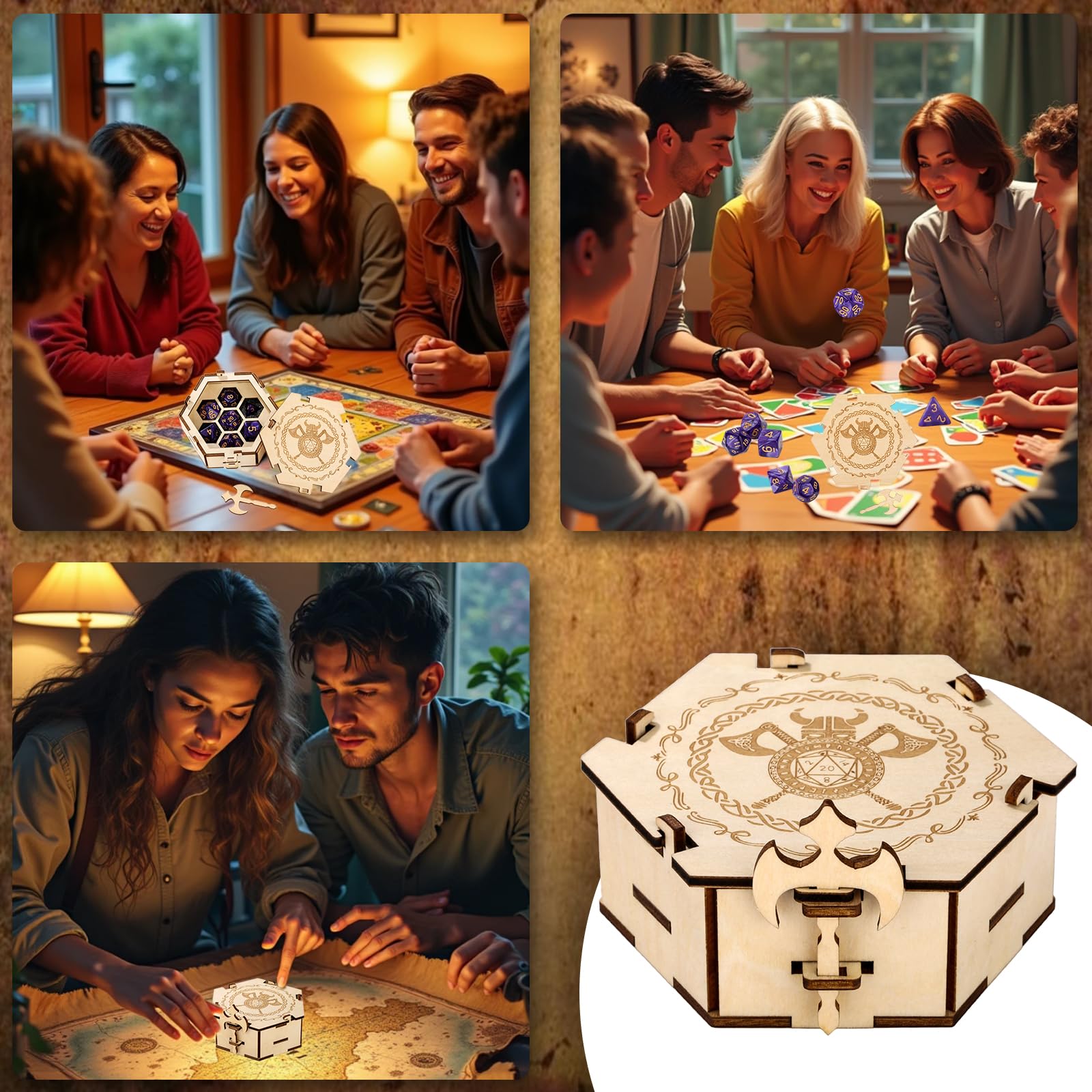 Würfel Box Aufbewahrung, 7 Polyedrische Würfel, D&D Zubehör, Holz Hexagon Wikinger Muster mit Axt, Rollenspiele Satz, Würfelbox DND, Geschenke für Tabletop Spieler