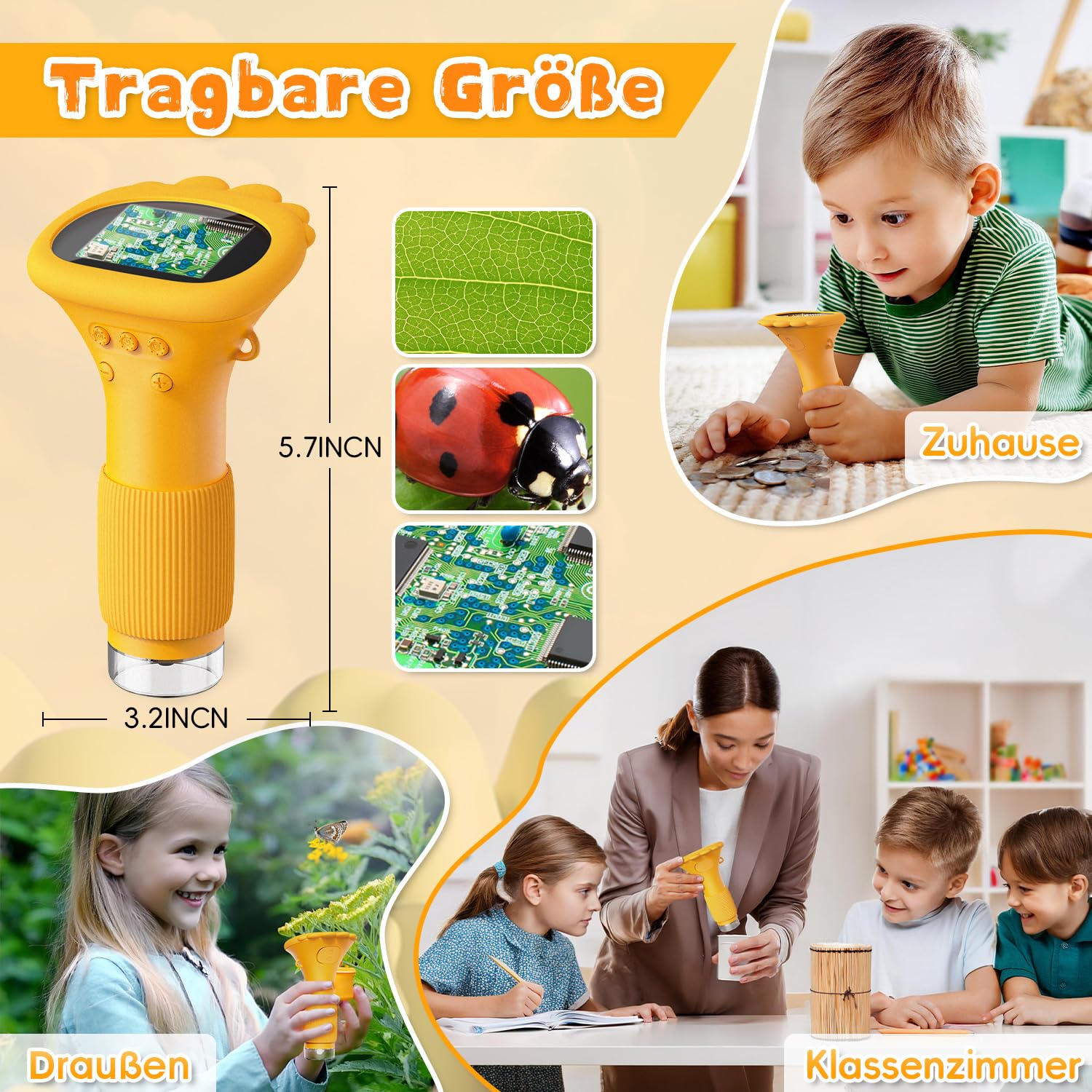 Microscopio Digitale, Ahalfcit Microscopio per bambini con schermo da 2 pollici - microscopio zoom 1000X per bambini, giocattolo scientifico educativo per bambini di 3-12 anni-Arancio
