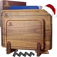 Vista 10 de Juego de 4 tablas de cortar grandes de bambú para cocina, tabla de charcutería de bambú con soporte antideslizante, bandeja para servir bistec