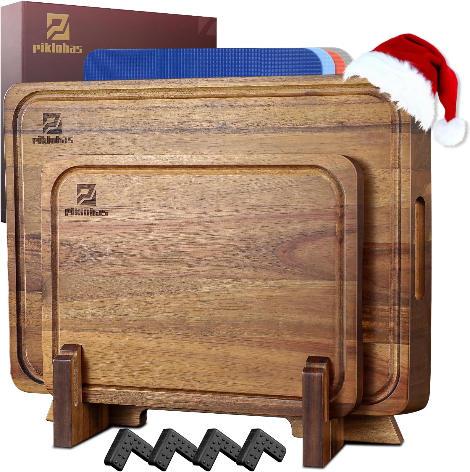 Large Wooden Chopping Board Set For Kitchen, Acacia Wood Cutting Boards, Non Slip Feet,4 Plastic Mats, Ideal for Carving Meat Cutting Vegetables Cheeses and Bread With Juice Groove and Holder