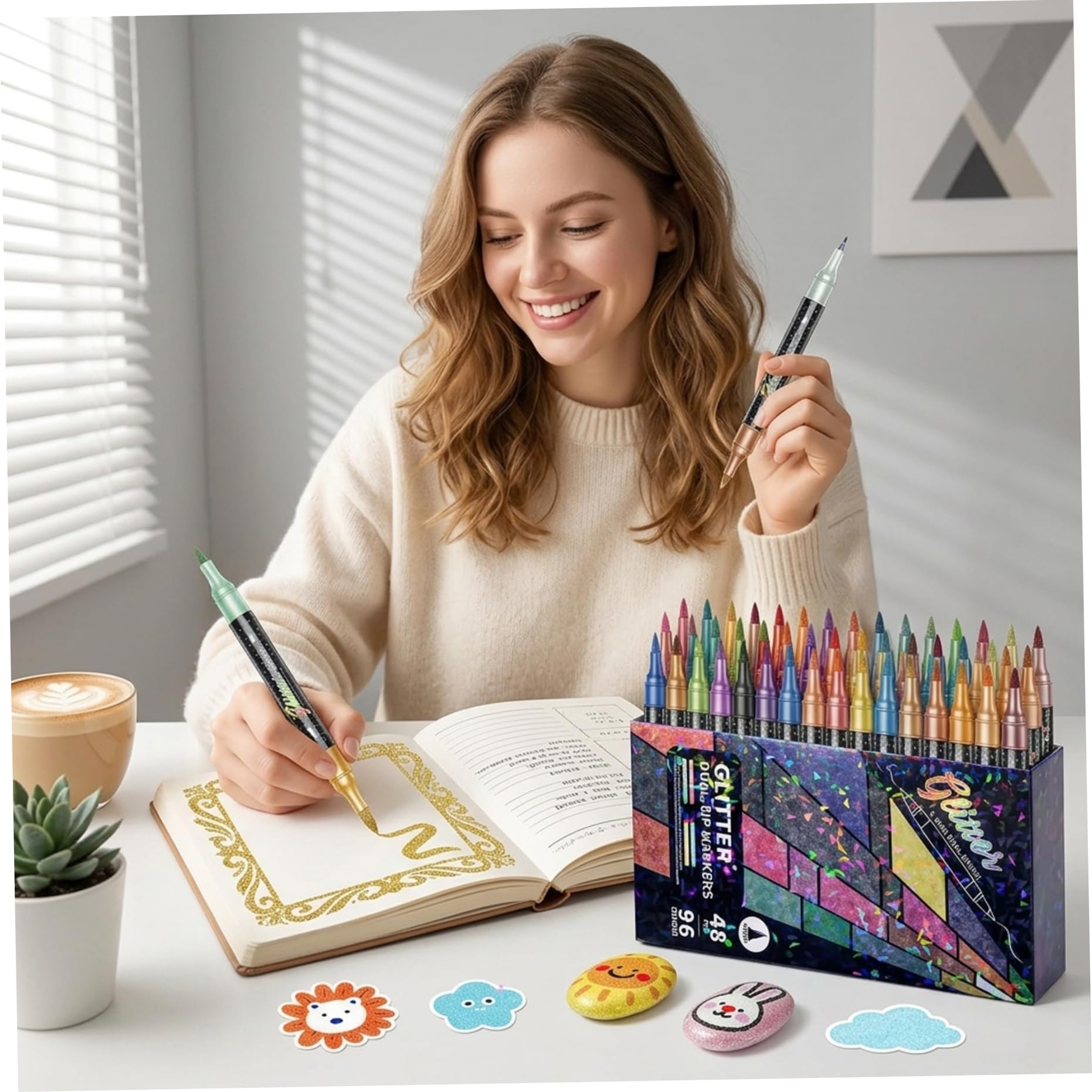 Pennarelli Glitter, 48 Pennarelli a Doppia Punta con 96 Colori Scintillanti Pennelli a Doppia Punta con Glitter Fini per Artigianato, Diario, Creazione di Cartoline e Libri da colorare per Adulti