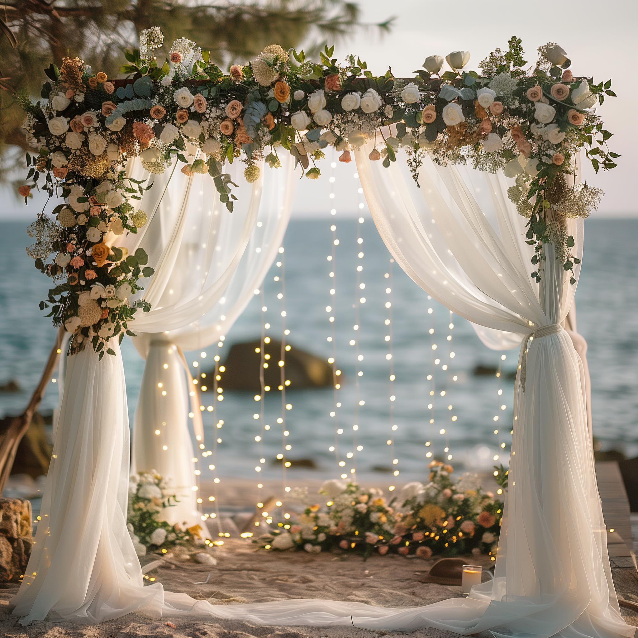 Fomcet Tüllvorhänge mit Lichterkette, weiß, 6,4 x 2,4 m, transparente Hintergrundvorhänge für Partys, Hochzeiten, Babypartys, Fotoshootings, Dekorationen (4 Paneele, 15,7 x 2,4 m)