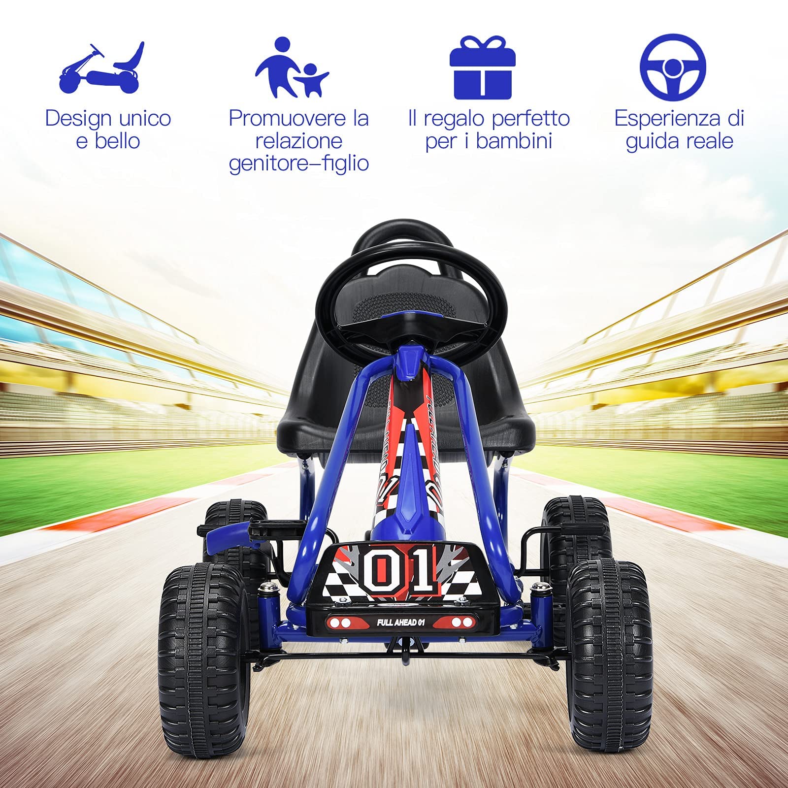 GYMAX Go Kart per Bambini 3-6 Anni, Macchina Cavalcabile con Pedali e Sedile Regolabile, Go Kart Giocattolo Facile da Controllare, 50x92x53 cm (Blu)