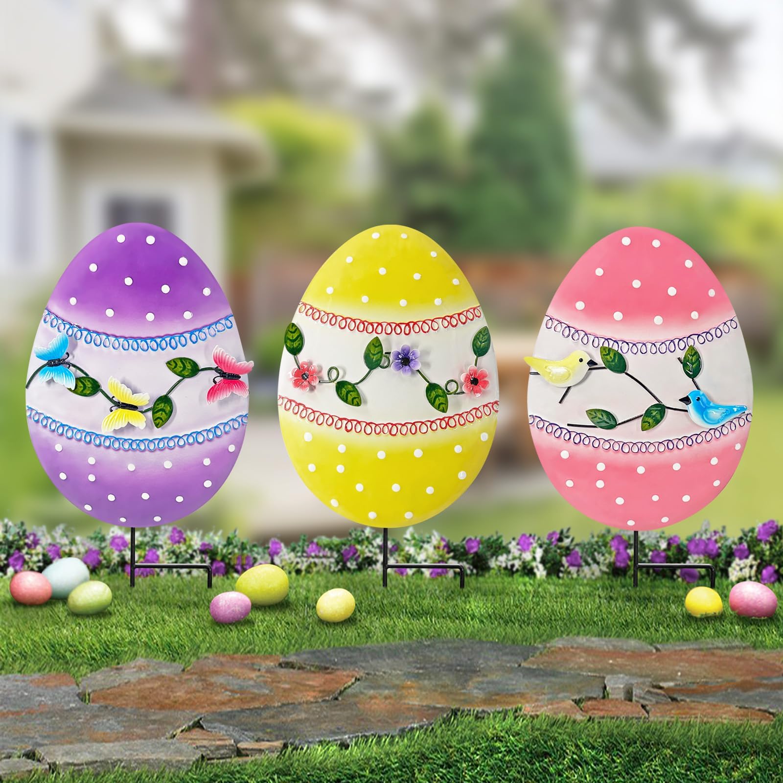 Easter Decorations Outdoor,3 Pack Metal Egg Yard Stake Signs for Outside,Cute Easter Happy Eggs Decorations Outdoor for Lawn,Garden Stakes for Spring