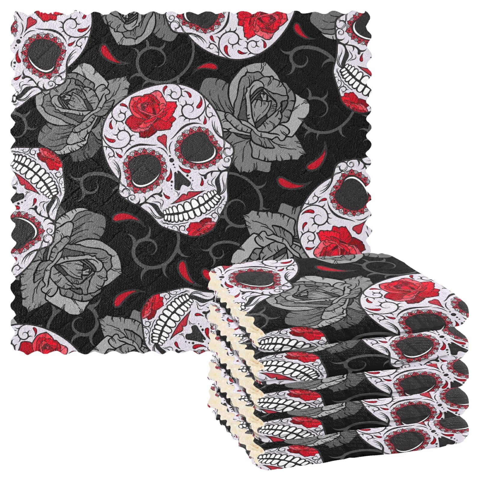 Seamless Gothic Sugar Skulls with Red Roses, Grey Roses Thorns on Dark 6 Set Kitchen Dish Towels, Washcloths Cleaning Cloths Dish Cloths, Absorbent Towels Lint Free Bar Tea Soft Waffle Towel 11"x11"