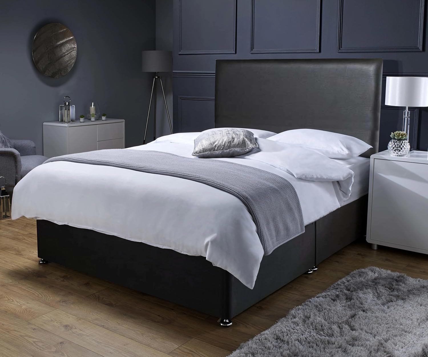 Savako Premium Black Leather Divan Bed with Memory Foam Mattress and