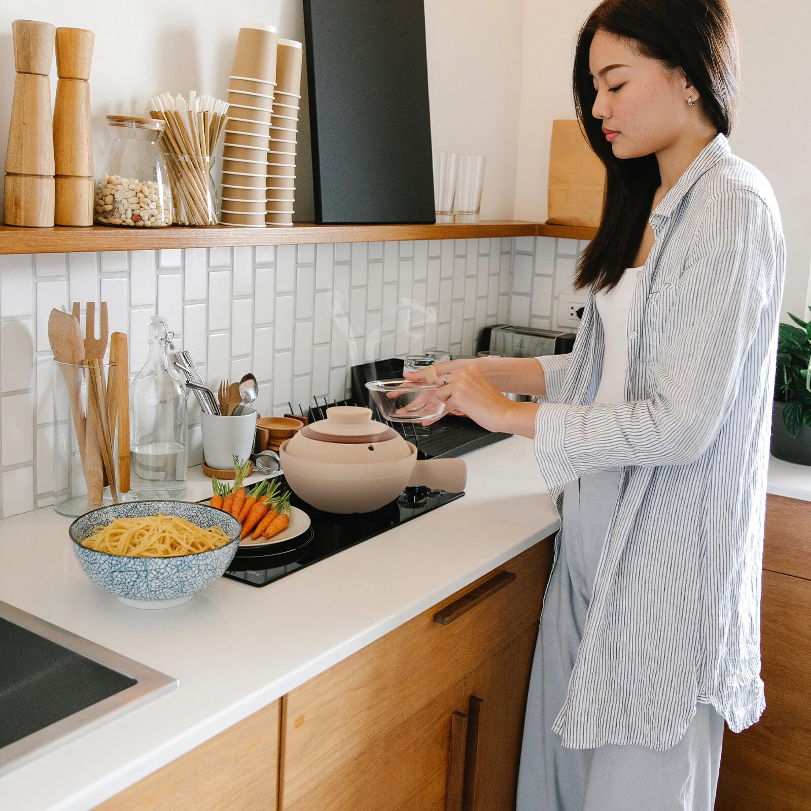 Cabilock Casserole en Céramique pour Soupe et Riz, Marmite de Cuisson Antiadhésive avec Poignée Unique, Préparation Culinaire Cuisine Snack Bar