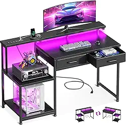 ODK Mesa de jogos com luzes LED e tomada, mesa de computador de 121 cm com gavetas, mesa de escritório com grandes prateleiras de armazenamento, mesa reversível com suporte para monitor para casa