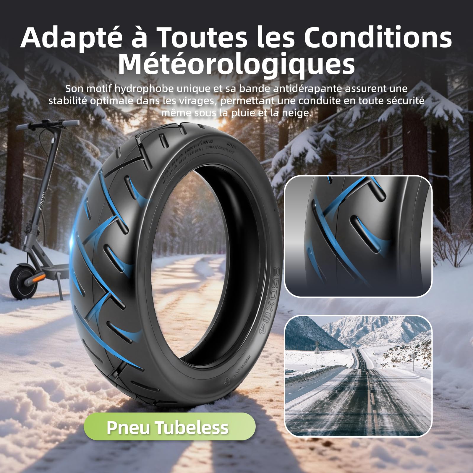 250 x 64 CST Pneu tubeless pour scooter électrique Xiaomi 4 Ultra - 10" - Pneu de rechange sans chambre à air avant/arrière - Avec buse d'air (CST Tubeless x 2)