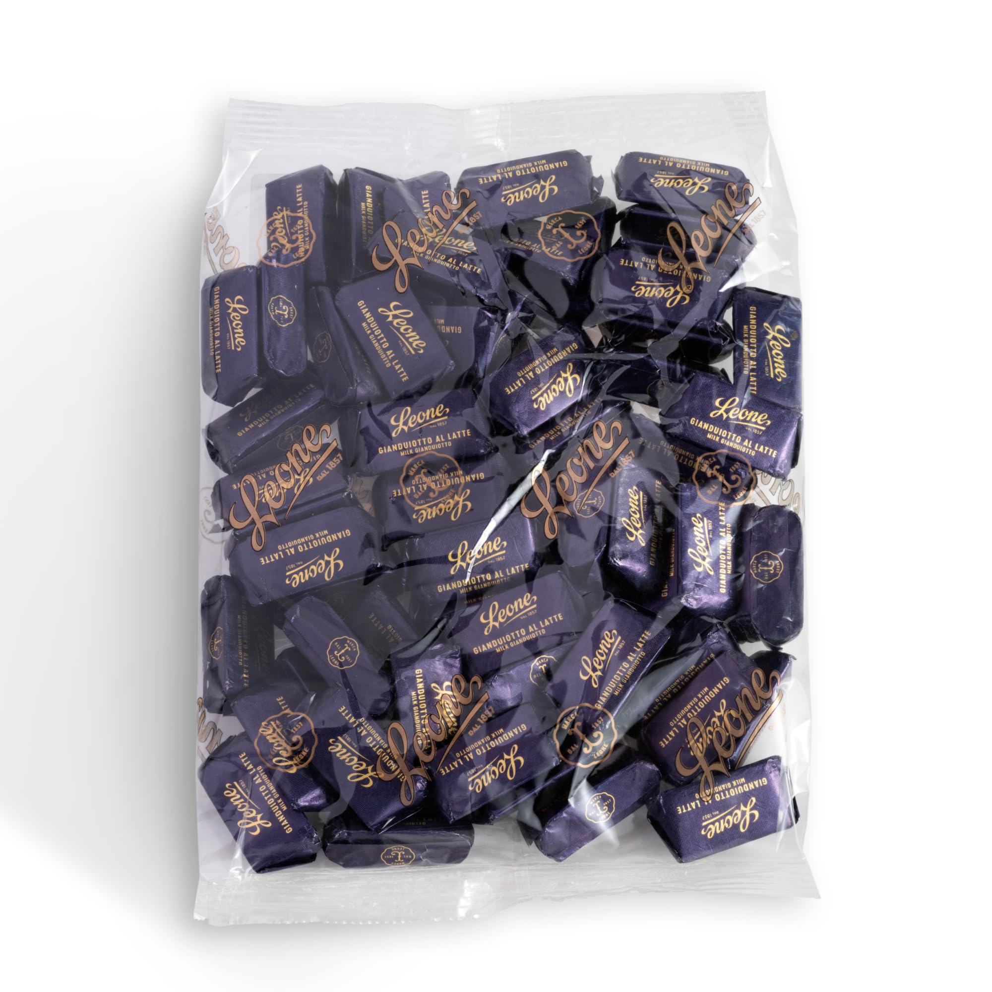 Leone dal 1857 - Sacchetto Ricarica Gianduiotti al latte -Cioccolatini alla Nocciola Gianduia e Latte - Gianduiotto Leone - Senza Glutine e Vegetariani - 500 gr