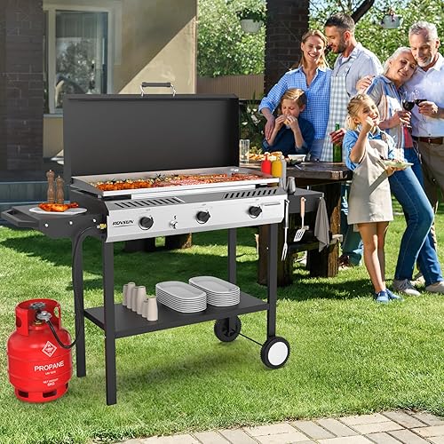 Miniatura 7 de ROVSUN Estufa de gas propano para exteriores de 3 quemadores con plancha, encendido y estantes laterales, potente estufa de gas de 225,000 BTU,