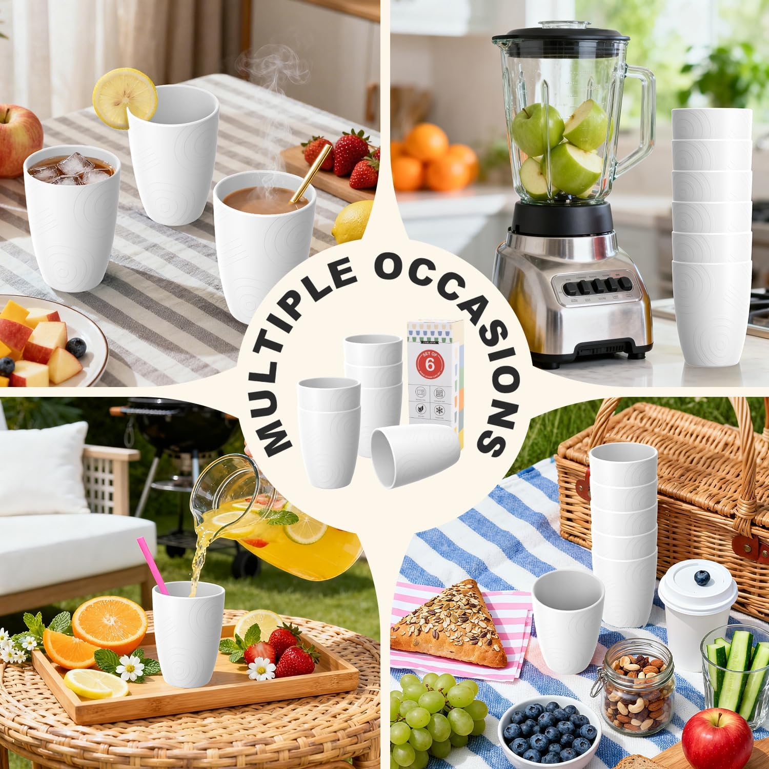 Wheat Straw Cups 6 PCS, Unbreakable 16 OZ Tumbler Set, Lightweight Glass Cups with Unique Pattern, Reusable Alternative to Plastic Cups, Dishwasher Safe Tumbler for Kitchen, Camping, White - Image 8