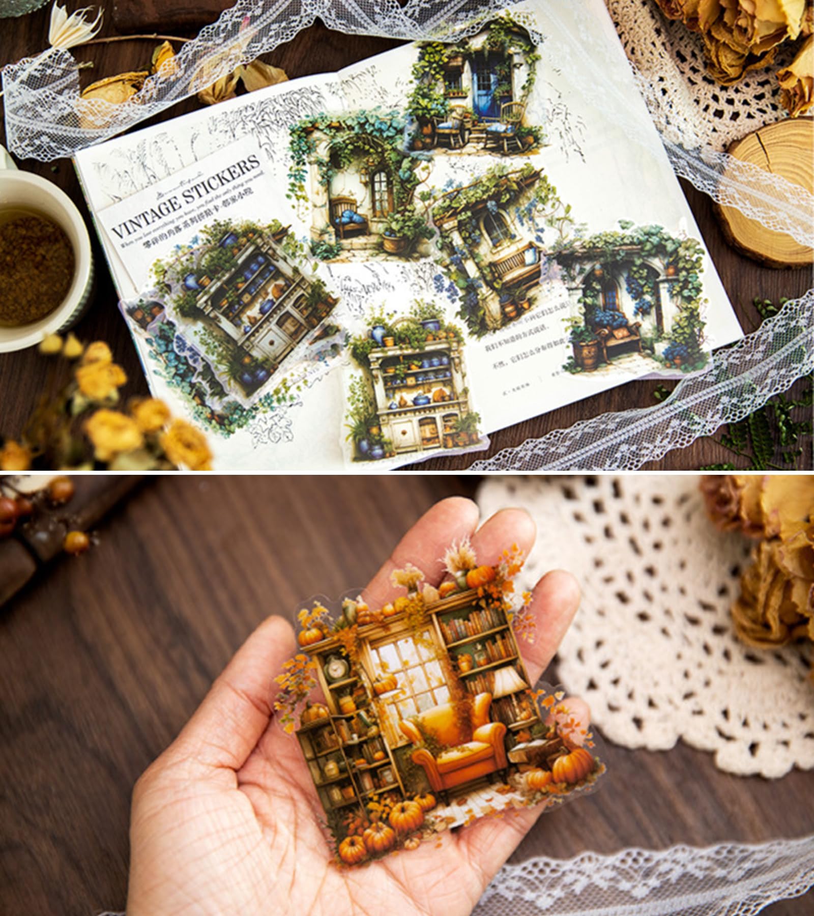 60 Stück Vintage-Scrapbooking-Zubehör, Blumenfenster, Scrapbook-Aufkleber, ästhetisches Papier für Tagebuch, Buch, Pflanze, Sofa, gemütliches Haus, Collage, Decoupage, dekorative Aufkleber für
