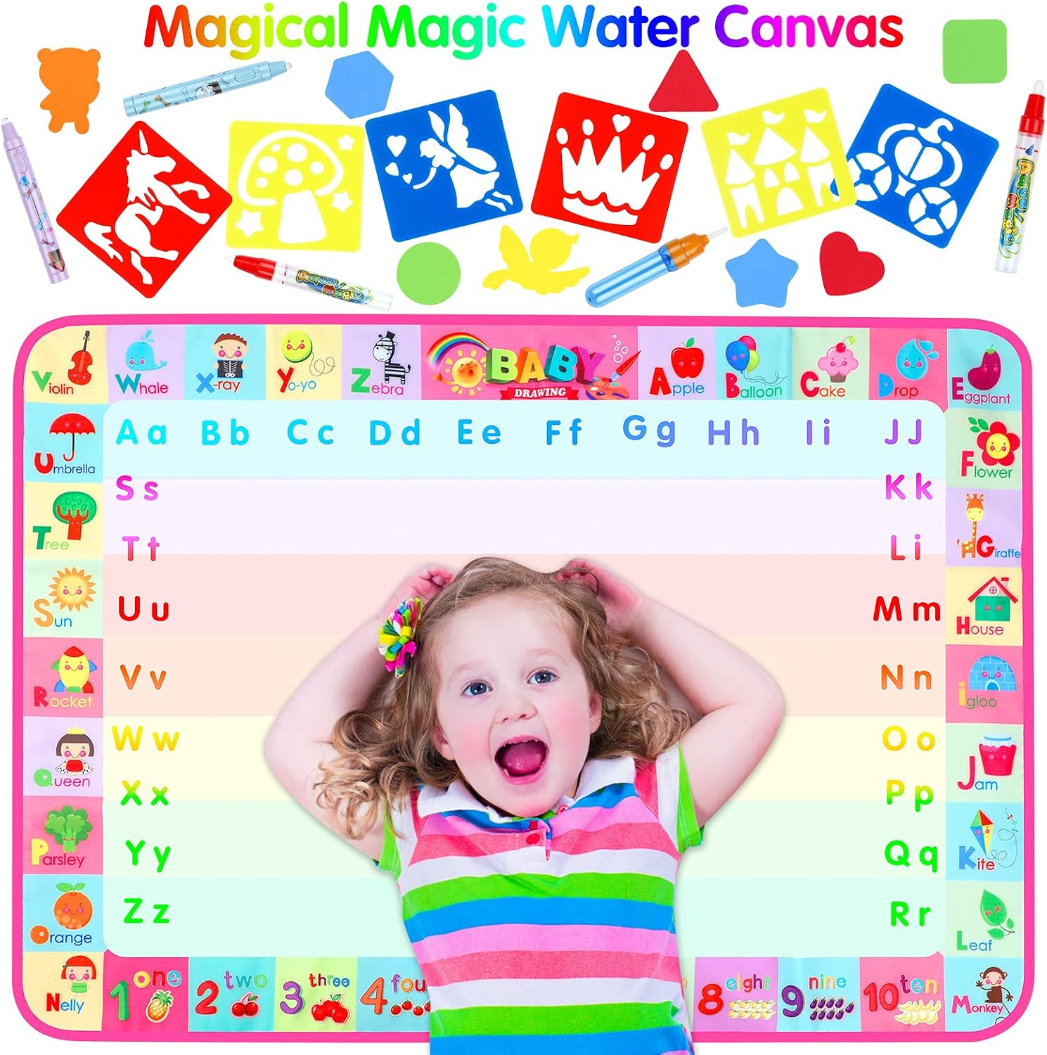GINMIC 2-in-1 Luminous Magic Water Doodle Mat, Kids Painting Writing Doodle Toy Mat, Reusable Painting Coloring Writing Doodle Toys Kit, Educational Toys for Boys Girls Age 3-12 Years Old Toddler