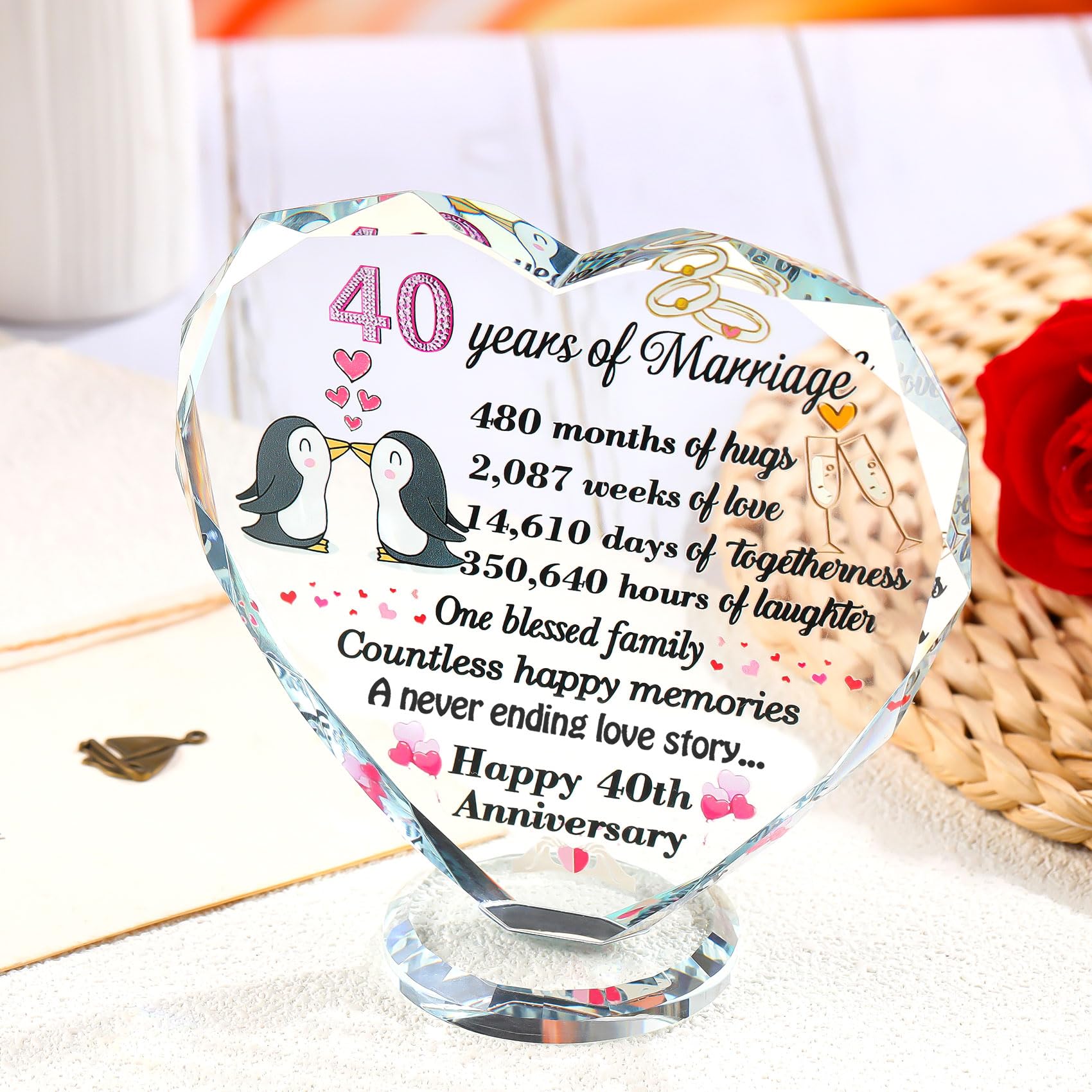 Ornalrist 40th Wedding Anniversary Romantic Gifts for Couple Ruby Wedding Anniversary Presents for Mum Glass Colourful Heart Keepsake Engraved 40 Years of Marriage - Image 4